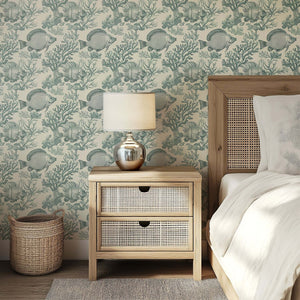 Coastal wallpaper featuring fish and coral in vintage ocean design, perfect for marine-themed decor