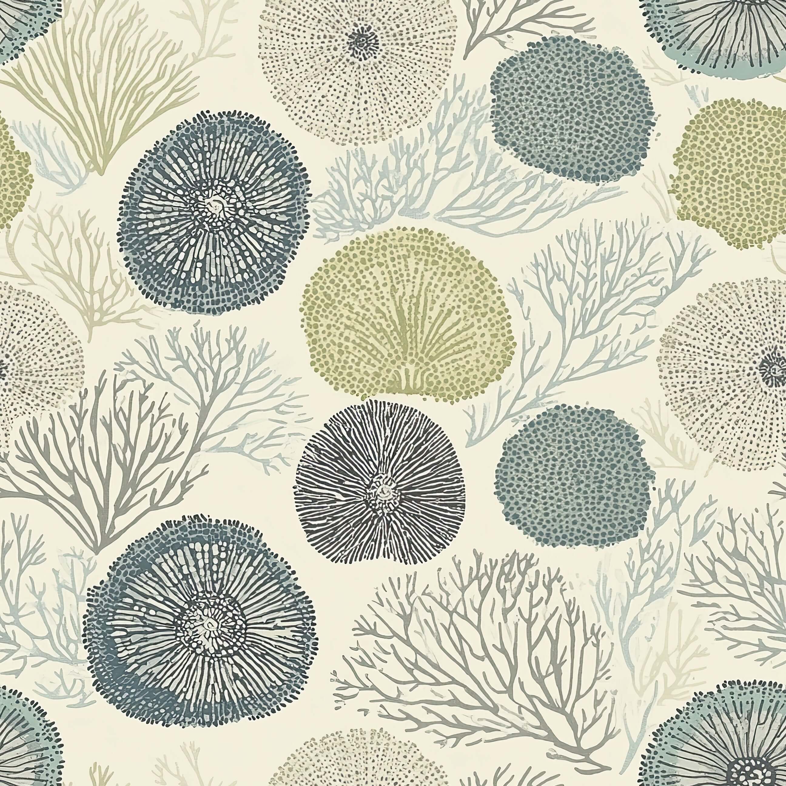 Seabed Chic wallpaper featuring coral and sea urchin patterns in blue, green, taupe; ideal for coastal, modern interior design.