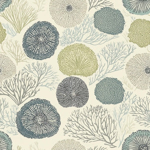Seabed Chic wallpaper featuring coral and sea urchin patterns in blue, green, taupe; ideal for coastal, modern interior design.