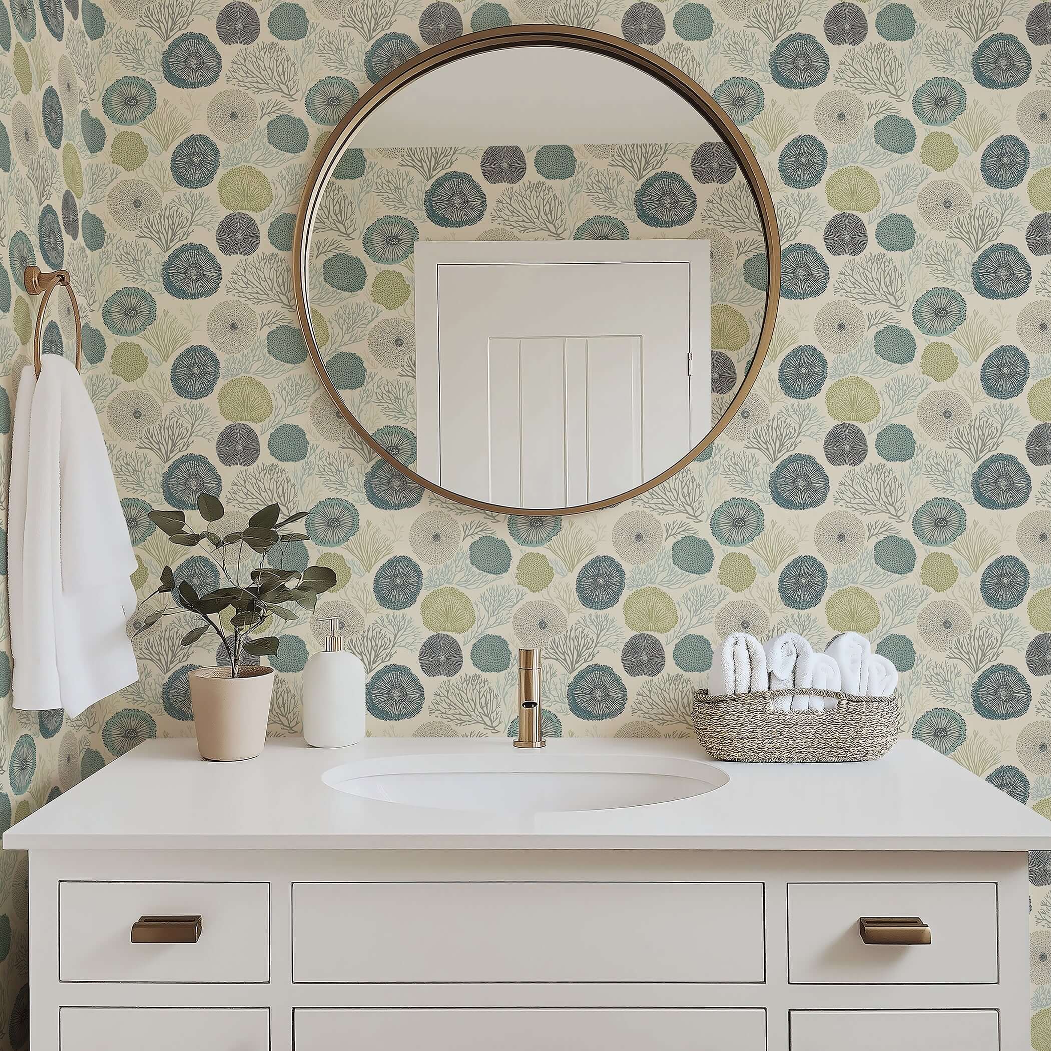 Elegant bathroom with Seabed Chic wallpaper featuring coral and sea urchin design in blue, green, taupe for modern coastal style.