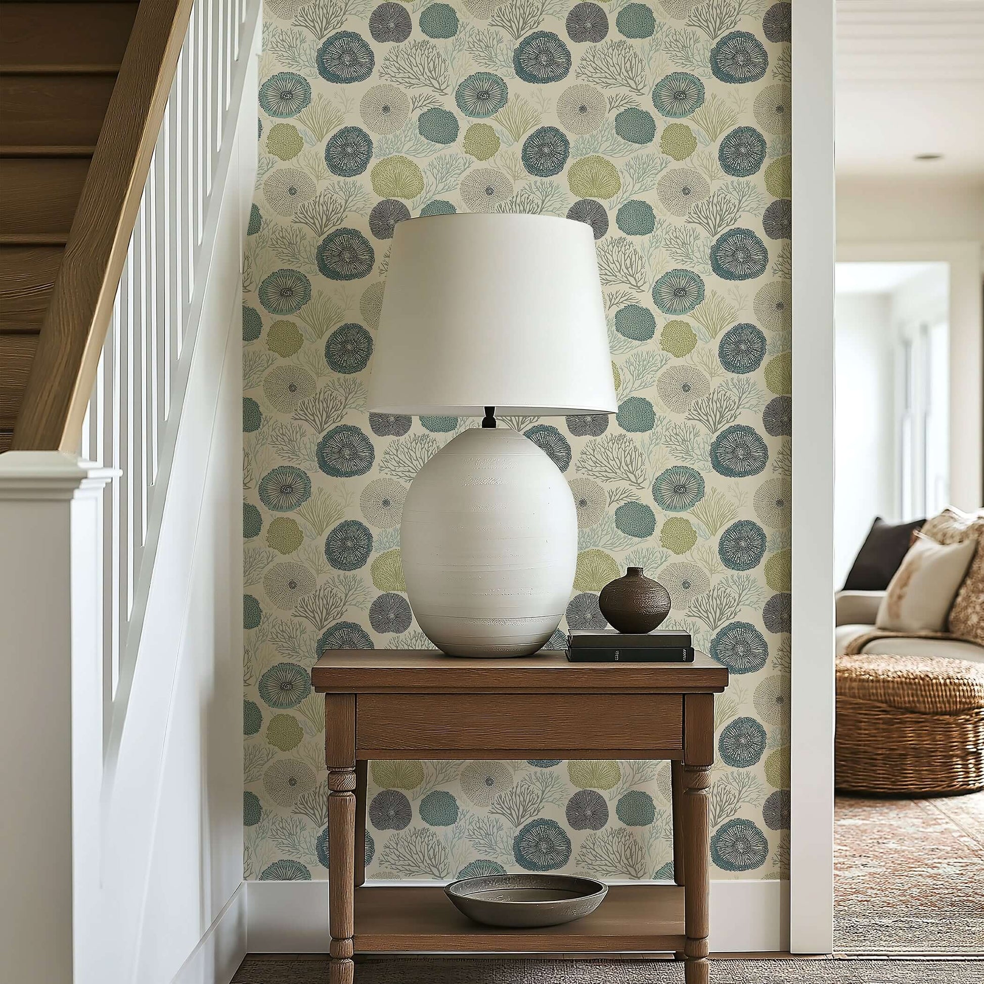 Seabed Chic wallpaper with coral and sea urchin design in blue, green, taupe. Ideal for coastal or modern design interiors.