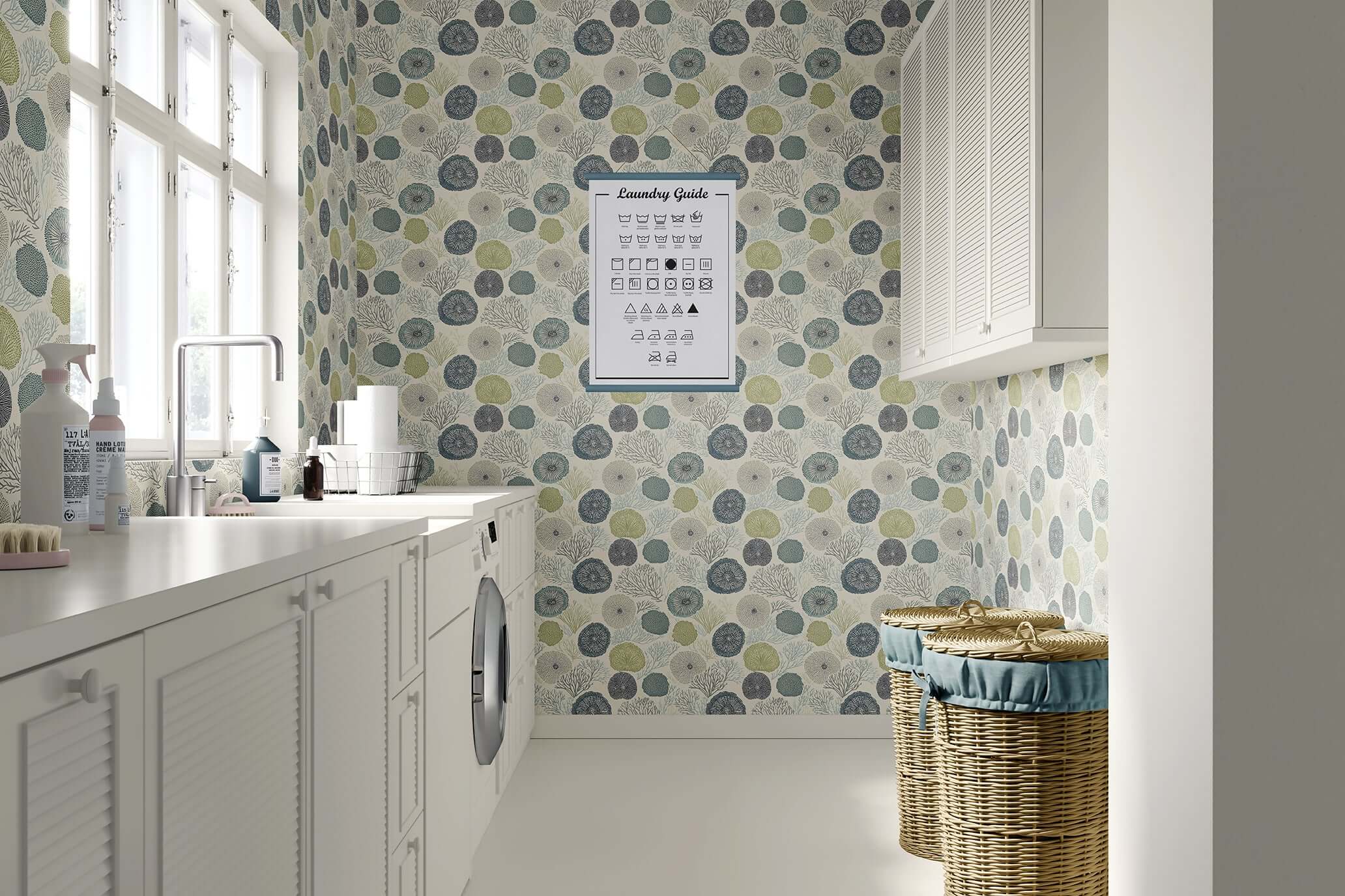 Seabed Chic coastal wallpaper featuring coral and sea urchin designs, adding modern elegance to a bright laundry room.