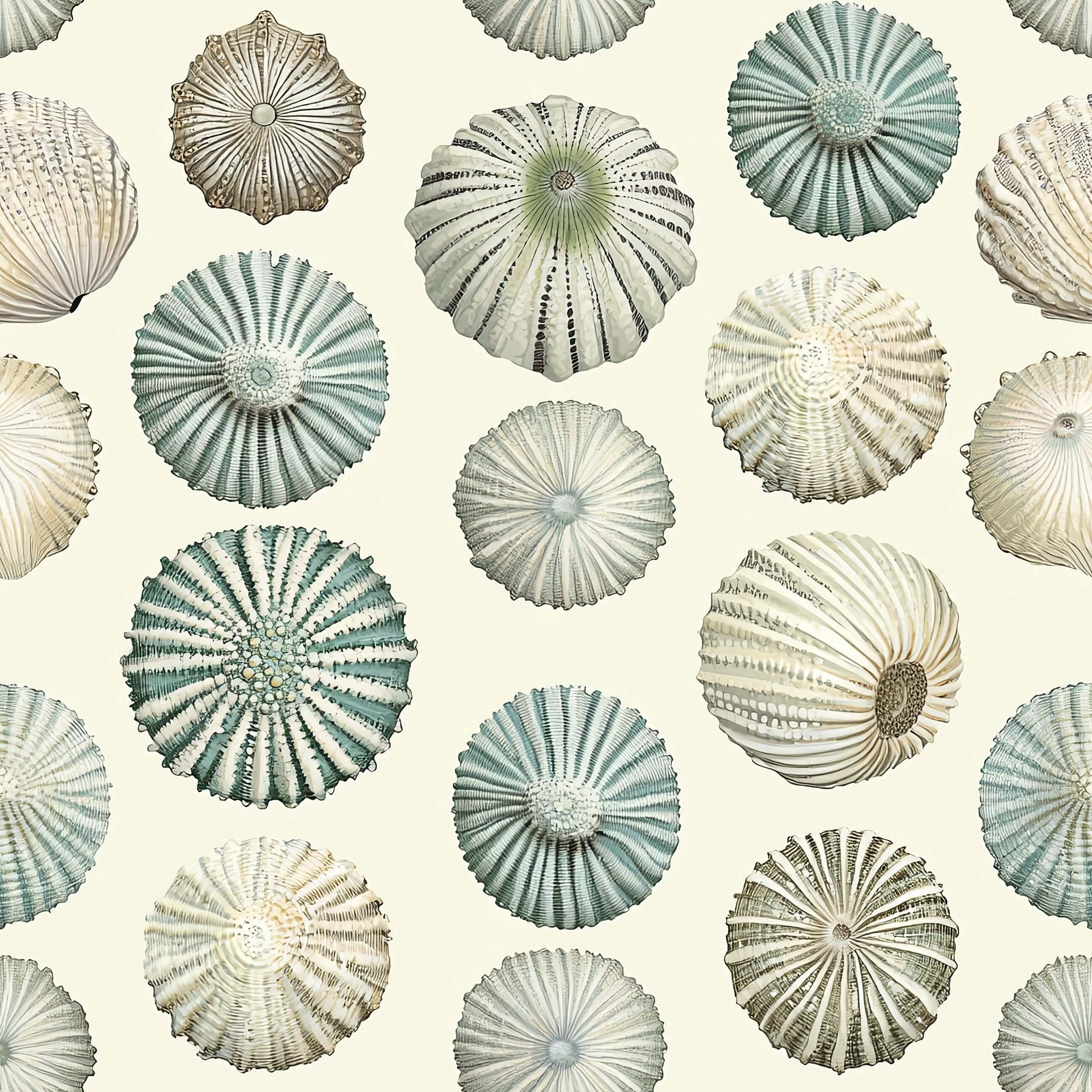 Elegant coastal wallpaper featuring detailed sea urchin shells in ivory, sage, and aqua for modern beach-inspired design.