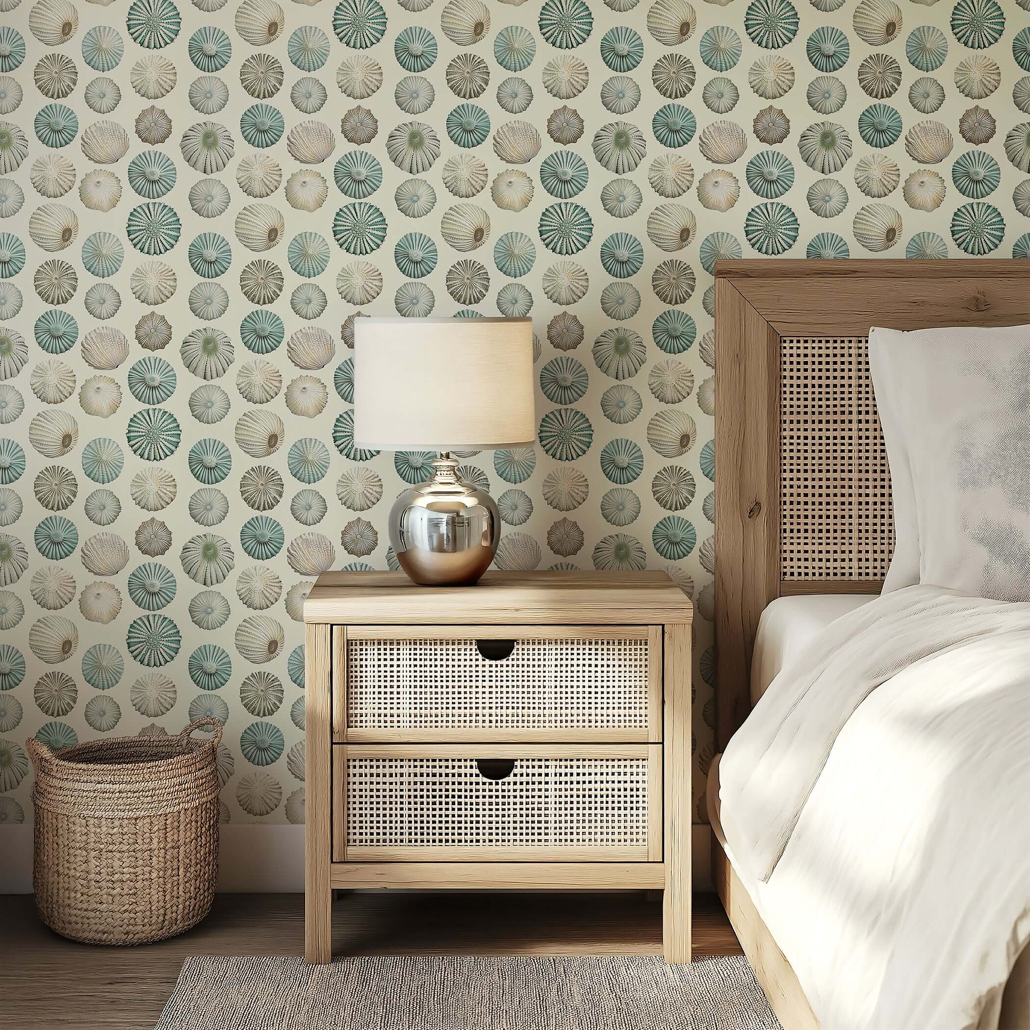 Elegant sea urchin shells wallpaper in ivory, sage, and aqua tones enhances a coastal bedroom with modern beach design.