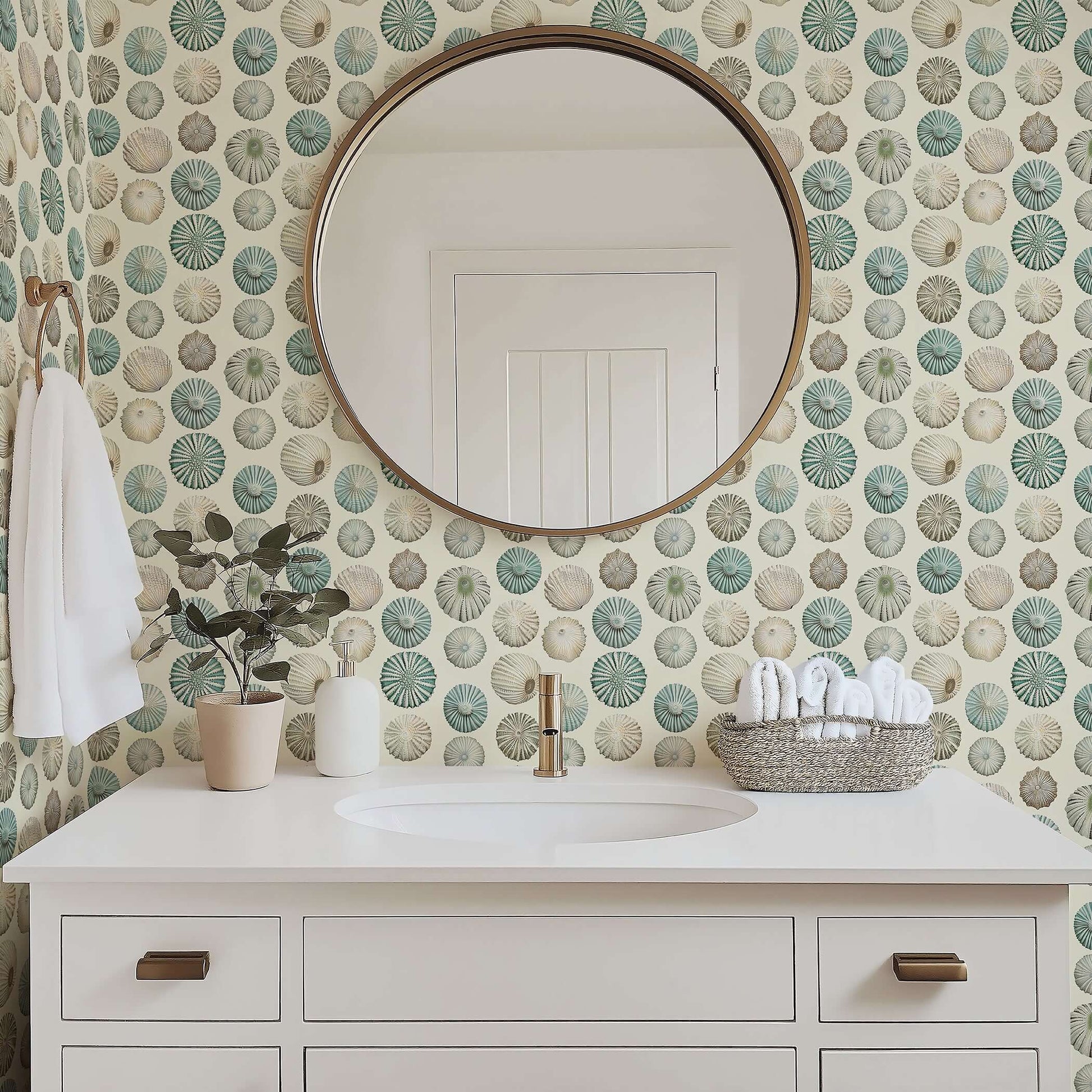 Bathroom featuring Elegant Sea Urchin Shells wallpaper in ivory, sage, and aqua tones, perfect for a modern coastal design.