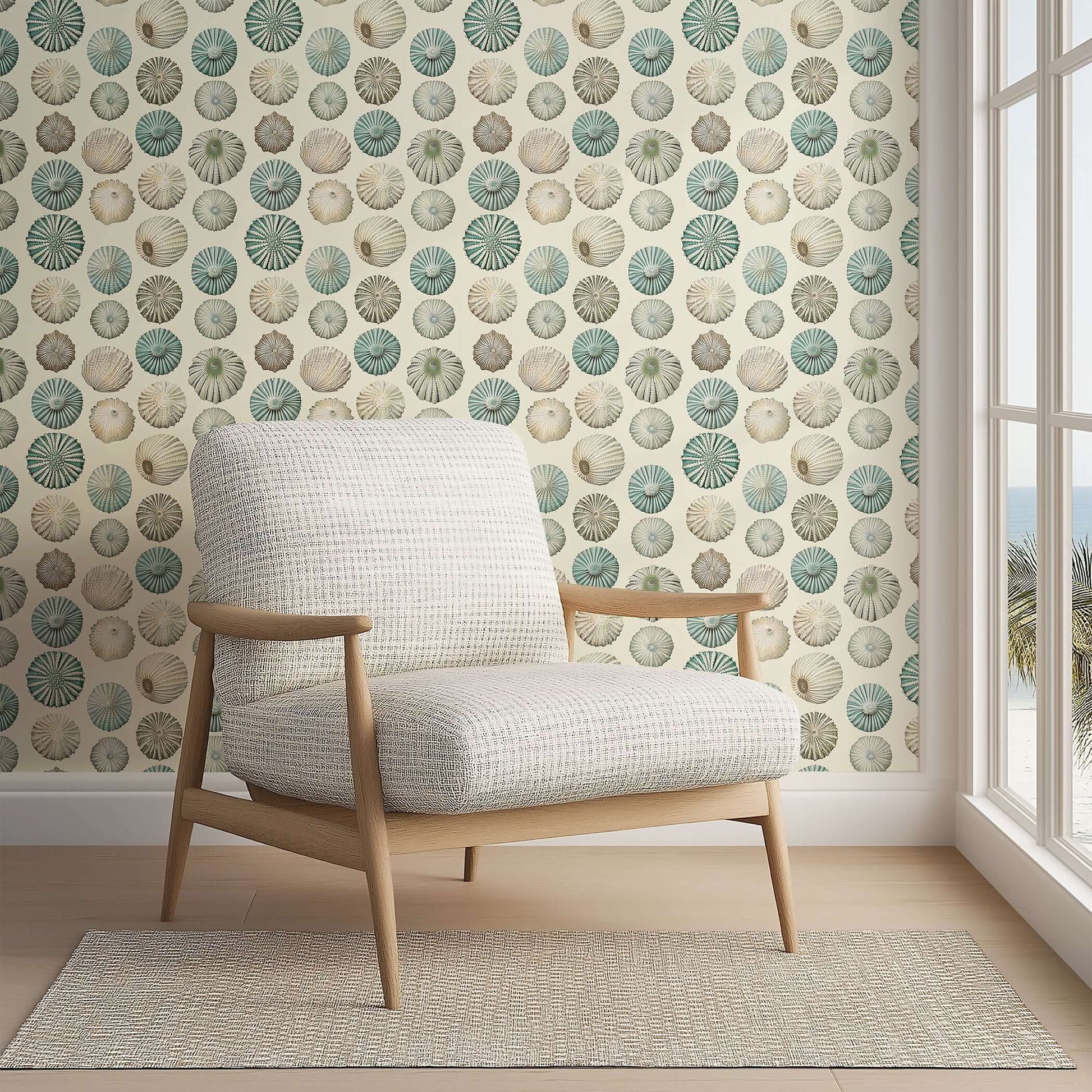 Elegant sea urchin shells wallpaper in coastal ivory, sage, and aqua, enhancing a modern beach design with organic texture.