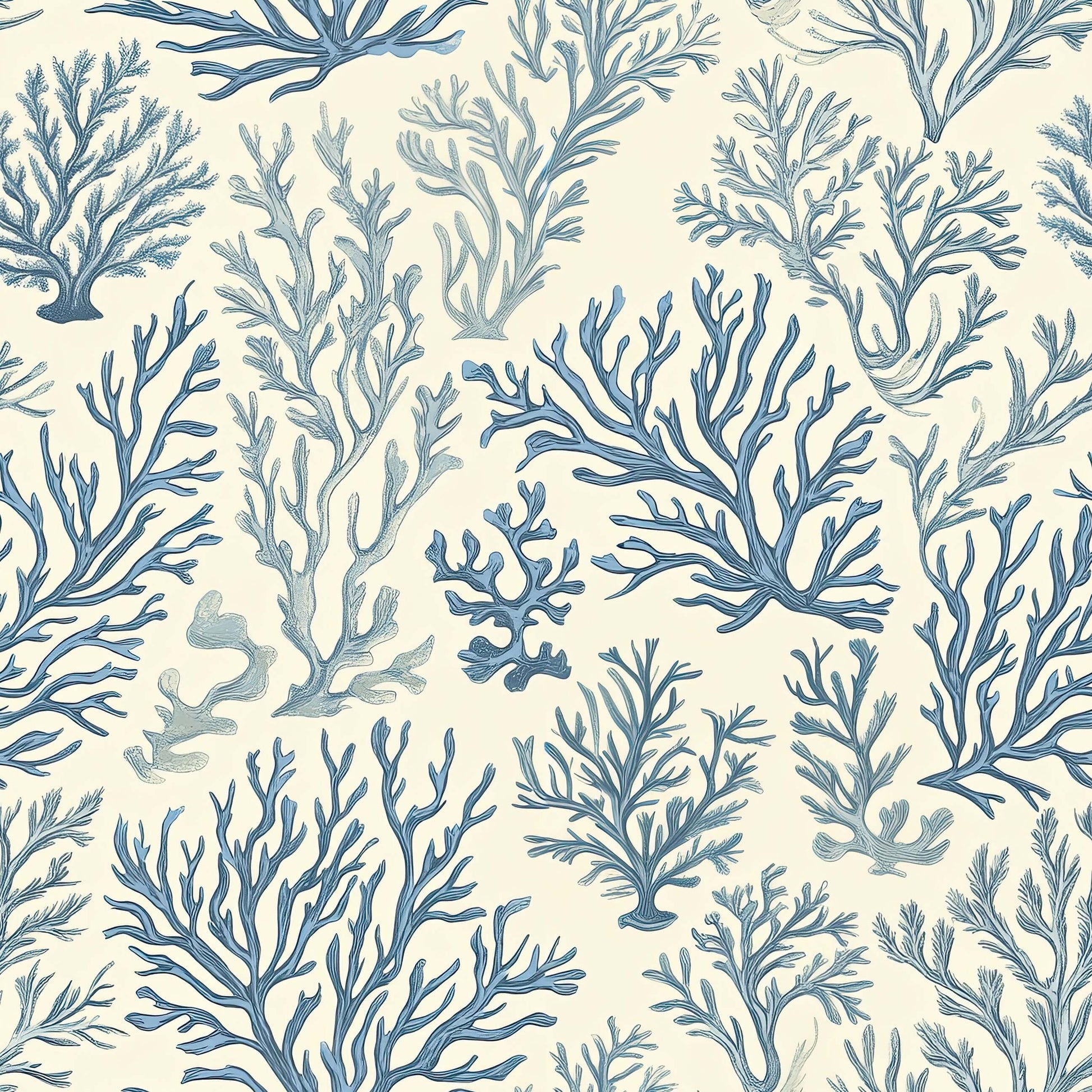 Marine Retreat wallpaper with blue seaweed, coral, and marine illustrations on ivory background; modern coastal design.
