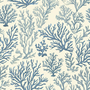 Marine Retreat wallpaper with blue seaweed, coral, and marine illustrations on ivory background; modern coastal design.