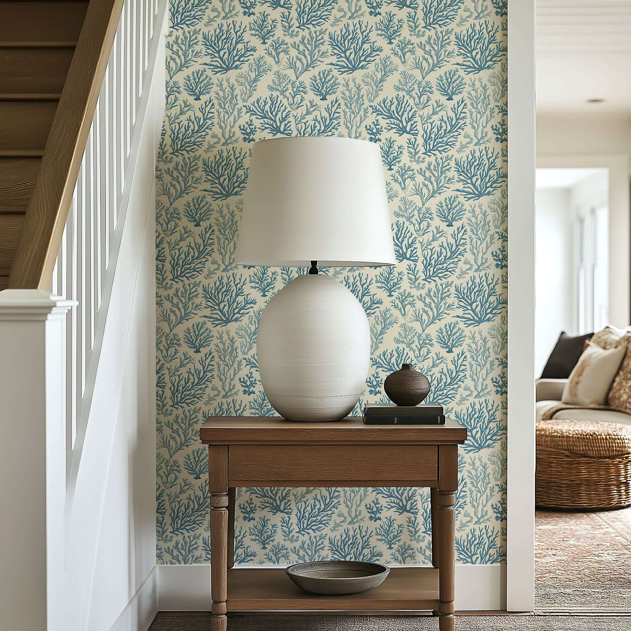 Coastal modern design with oceanic coral wallpaper, Marine Retreat by Wall Artifacts, enhancing a serene living space.