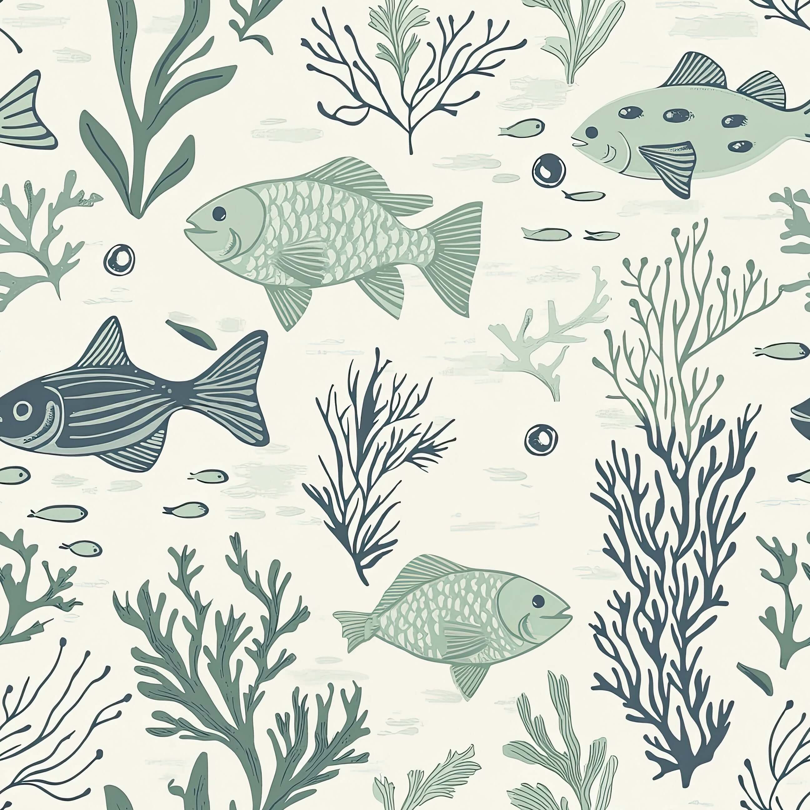 Mid-century modern Aqua Life coastal wallpaper with fish and seaweed, creating an oceanic tranquility perfect for bedrooms or bathrooms.