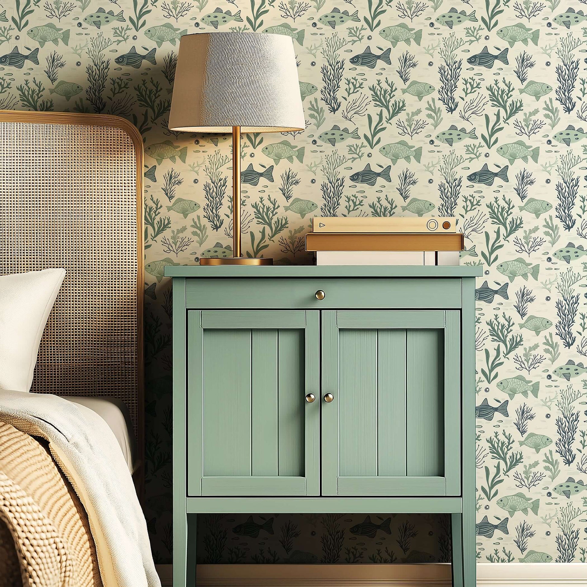 Aqua Life coastal wallpaper with fish and seaweed, featuring mid-century modern design in a bedroom setting with bedside table.