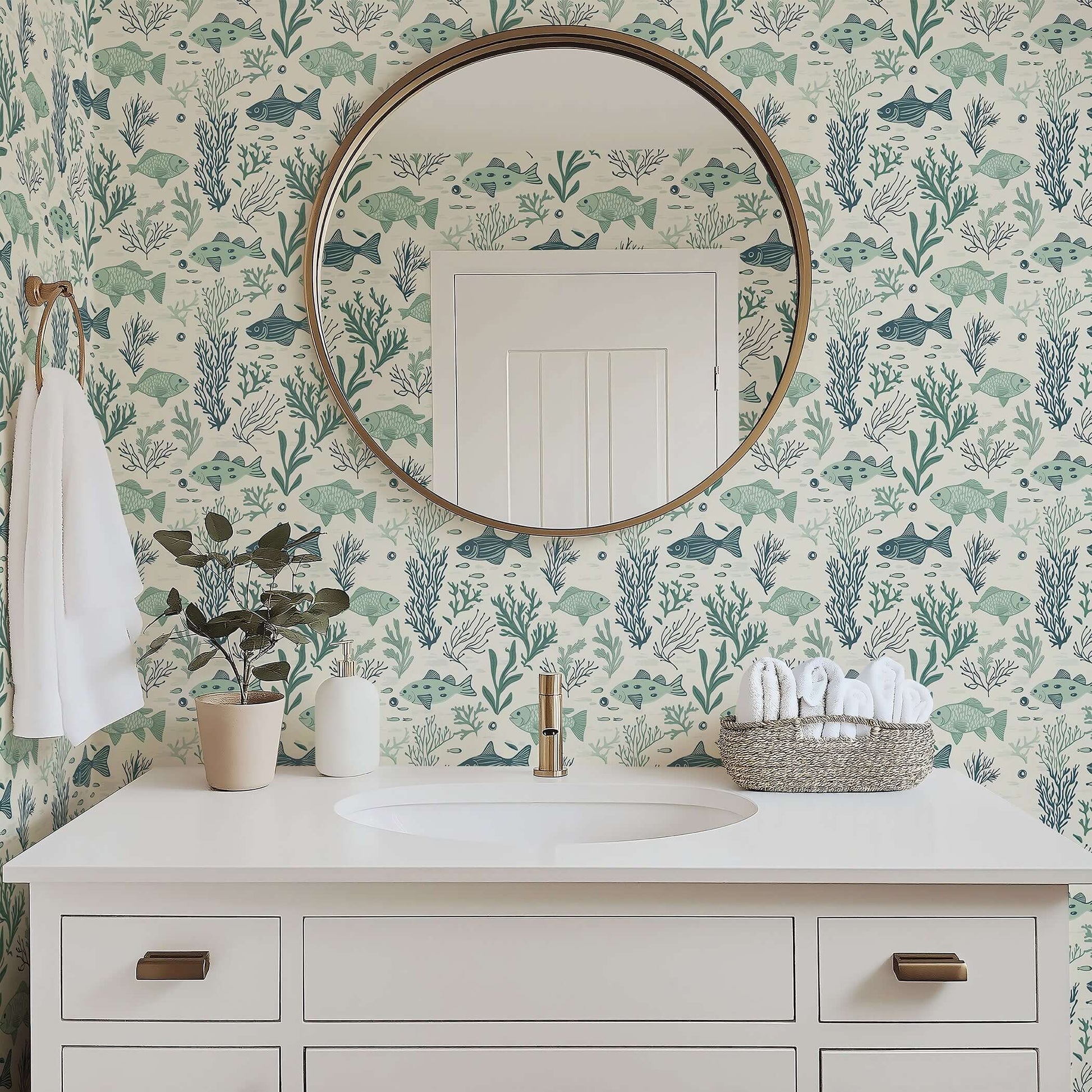 Bathroom with Aqua Life ocean wallpaper featuring fish and seaweed, complementing a mid-century modern coastal design.