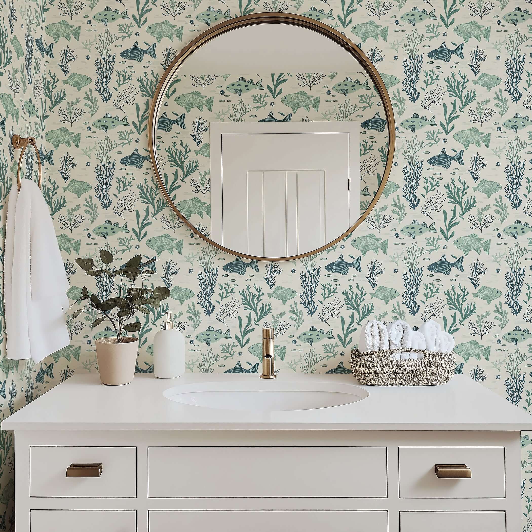 Bathroom with Aqua Life ocean wallpaper featuring fish and seaweed, complementing a mid-century modern coastal design.