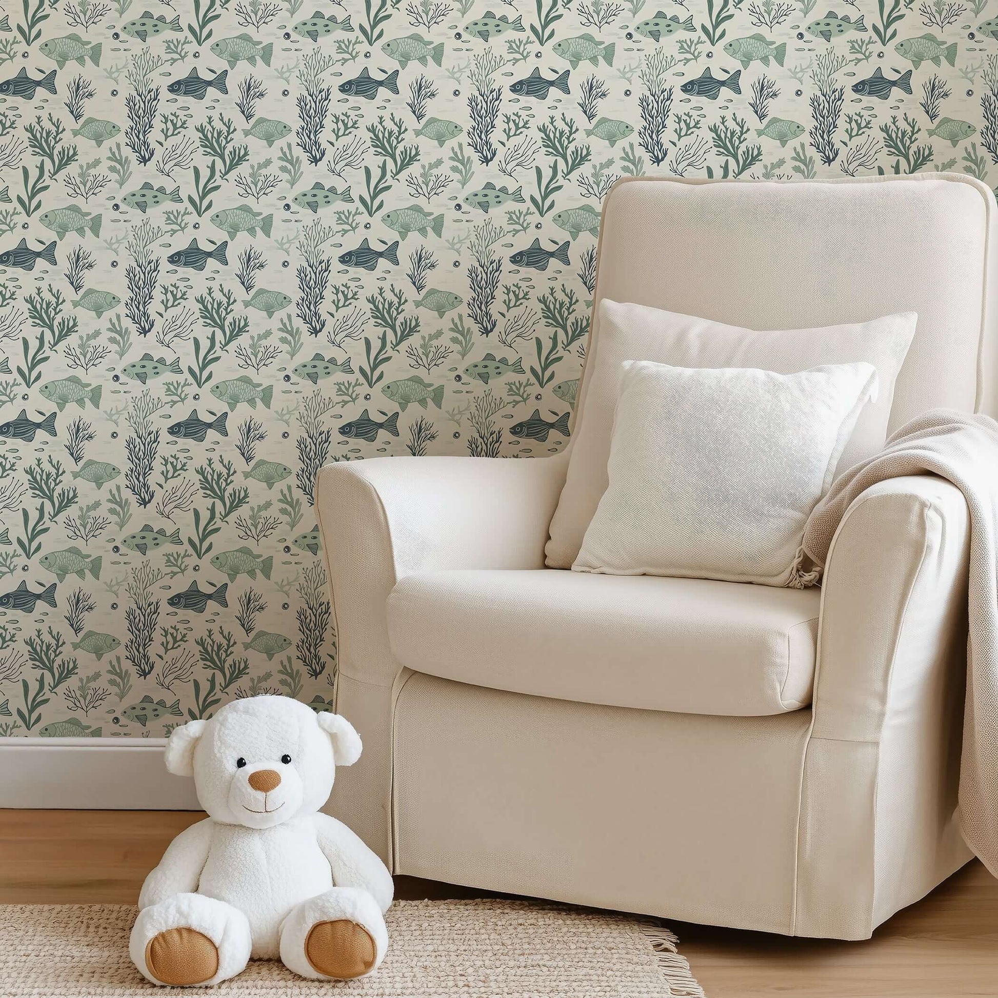 Aqua Life ocean wallpaper featuring fish and seaweed in coastal mid-century modern design, perfect for beach homes and nurseries.