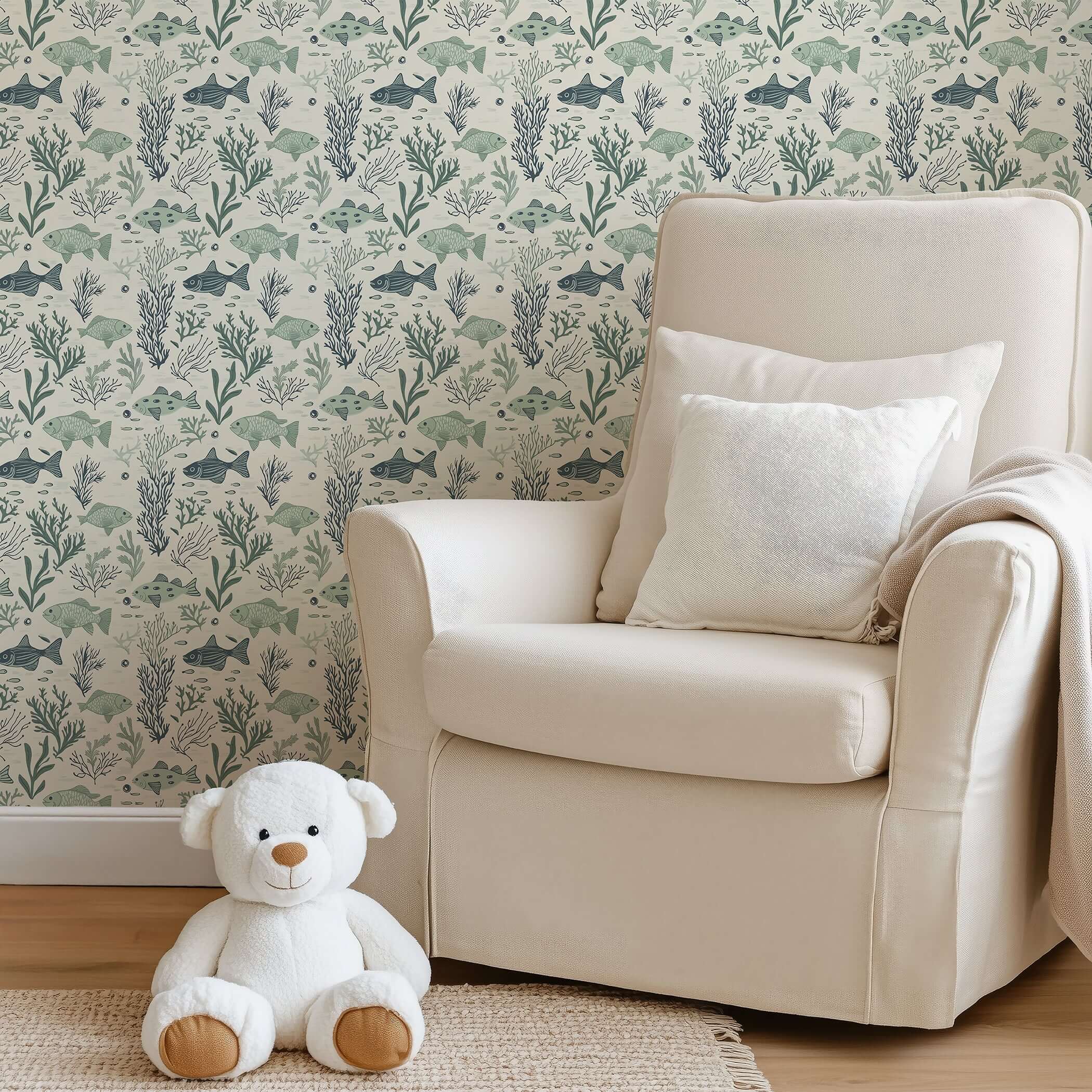 Aqua Life ocean wallpaper featuring fish and seaweed in coastal mid-century modern design, perfect for beach homes and nurseries.