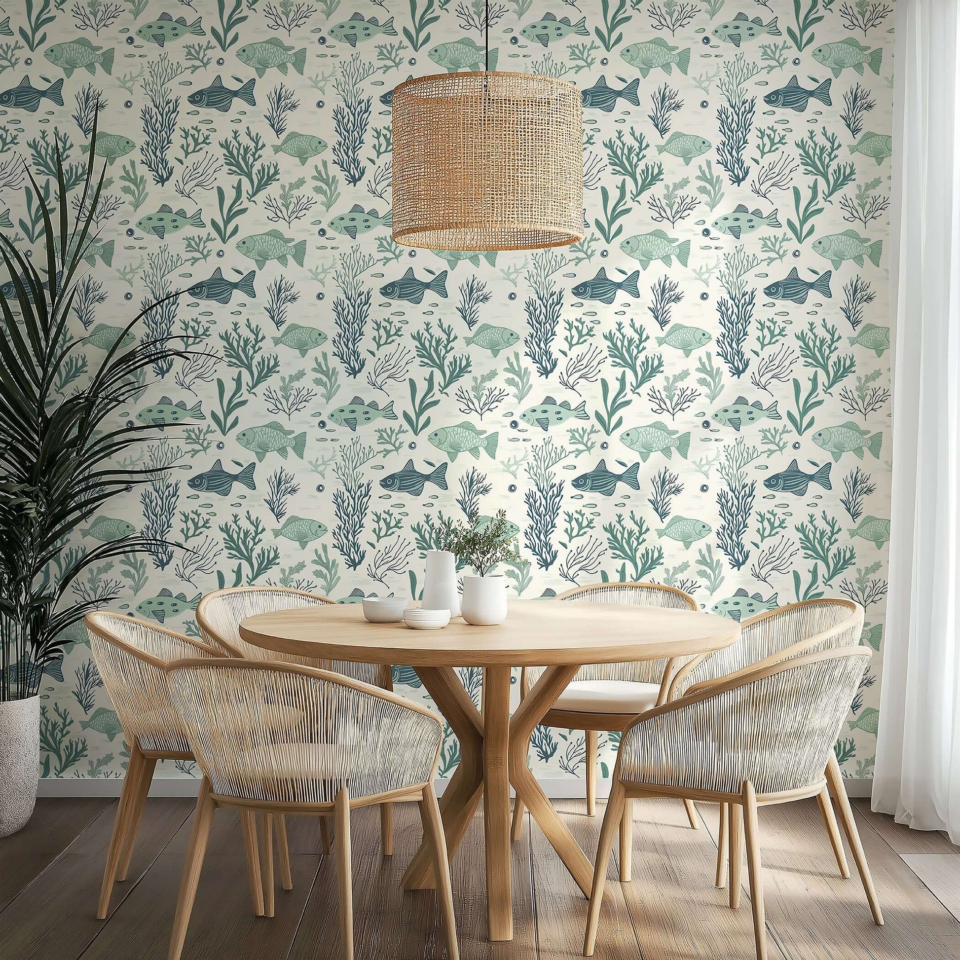 Aqua Life Wallpaper featuring fish and seaweed in a mid-century modern coastal design, perfect for coastal homes and nurseries.