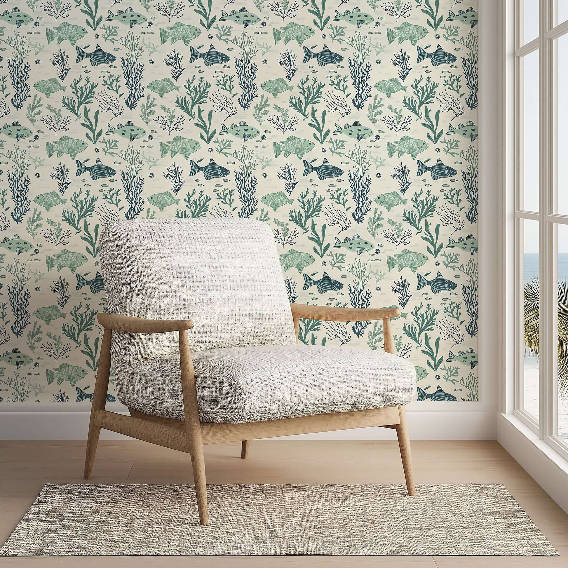 Mid-century modern chair against Aqua Life coastal wallpaper with fish and seaweed design, creating an ocean-inspired atmosphere.