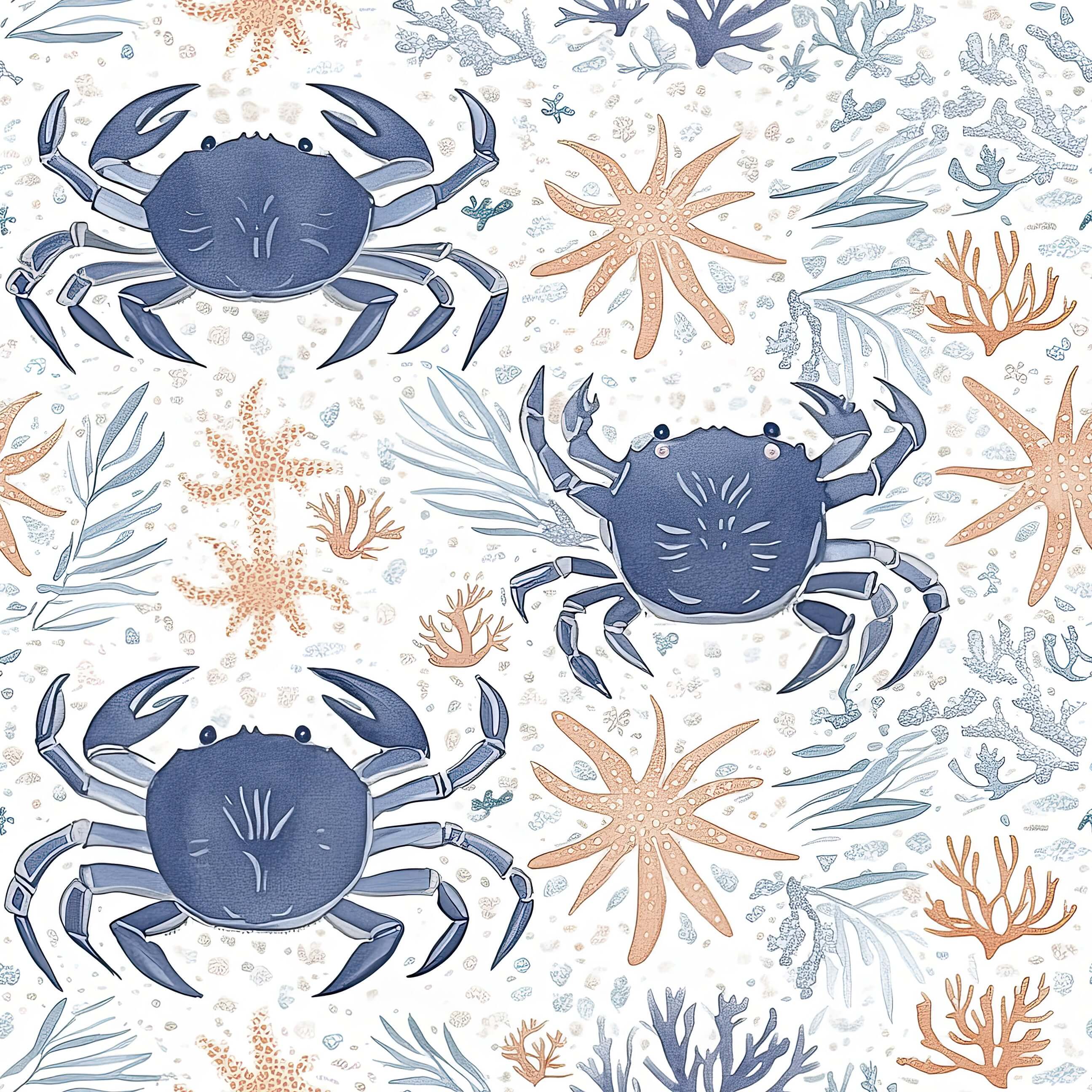 Coastal Crawlers wallpaper featuring blue crabs, starfish, and coral in a modern ocean-inspired design for coastal interiors.