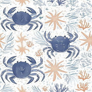 Coastal Crawlers wallpaper featuring blue crabs, starfish, and coral in a modern ocean-inspired design for coastal interiors.