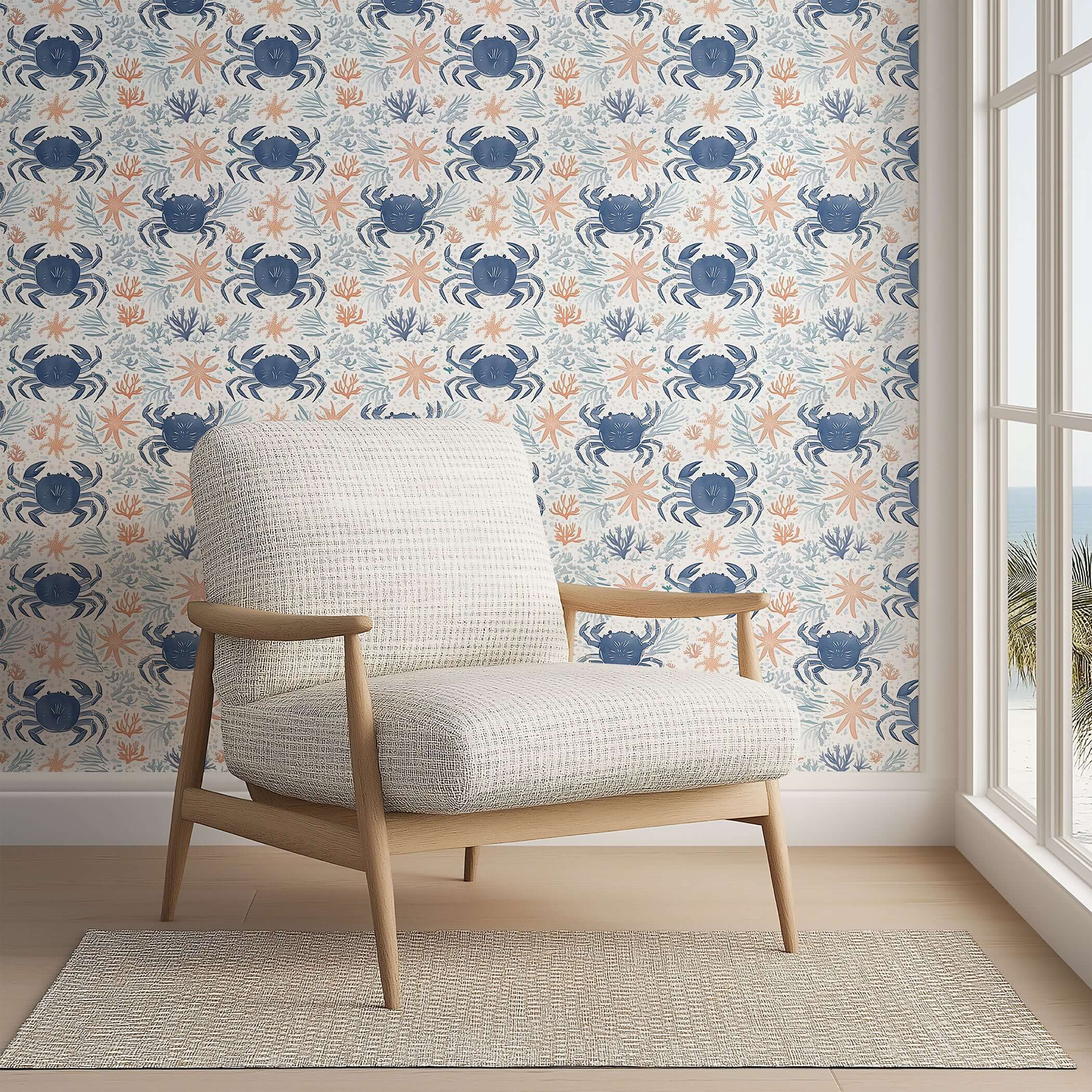 Coastal Crawlers wallpaper with blue crabs and starfish in a coastal design setting for modern beach homes and nurseries.