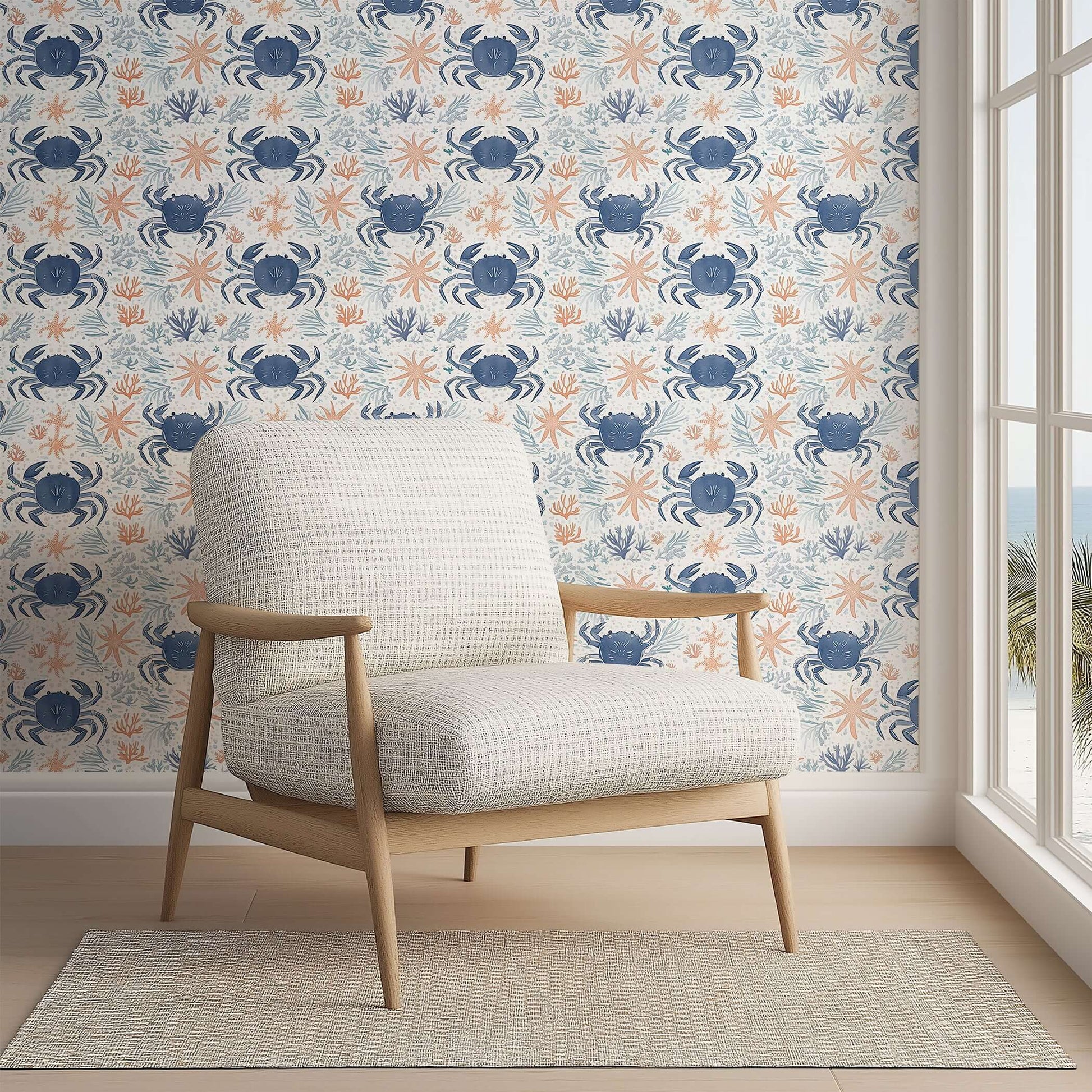 Coastal Crawlers wallpaper with blue crabs and starfish in a coastal design setting for modern beach homes and nurseries.