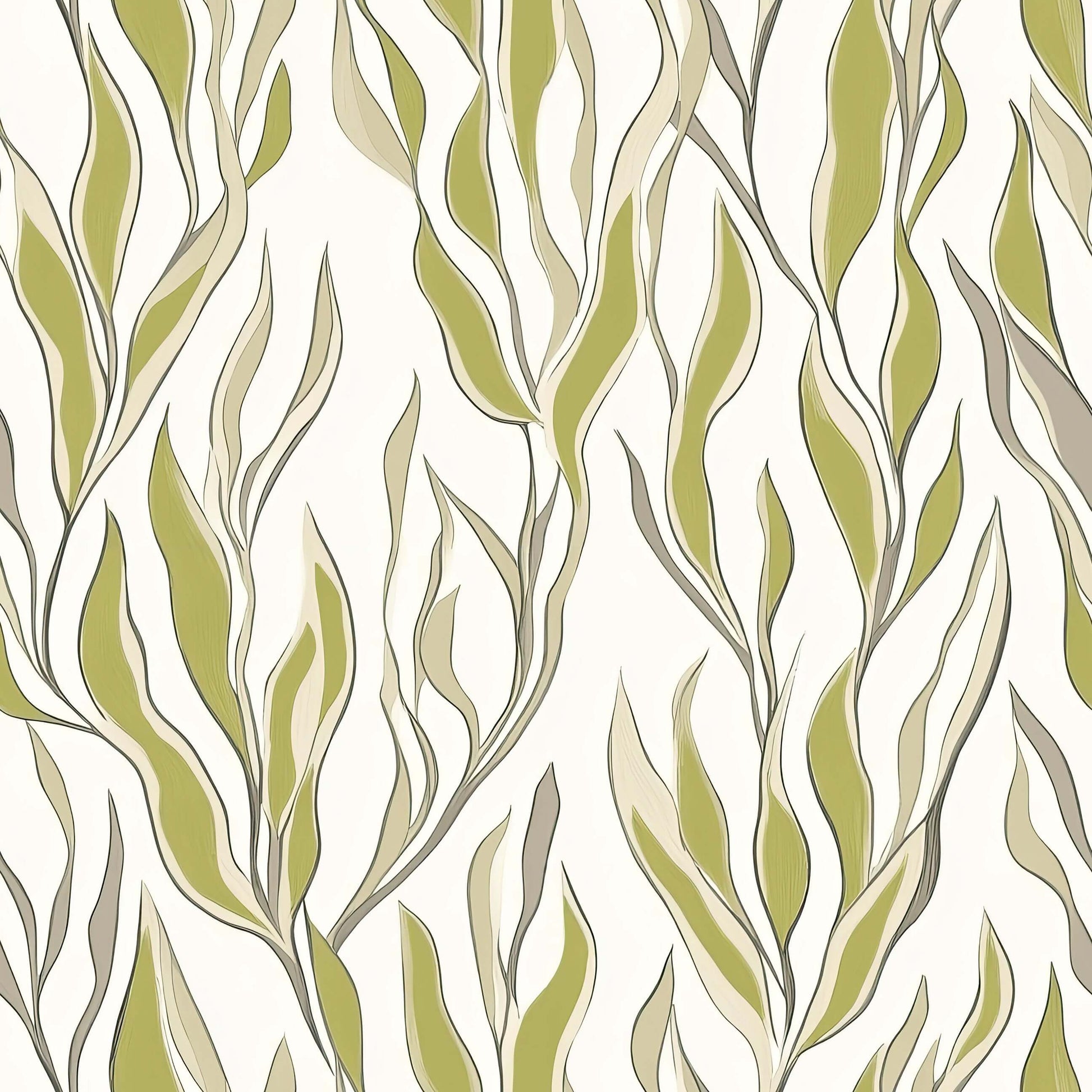Seaweed Flow wallpaper with green and taupe leaf patterns for modern coastal home design and ocean-inspired decor.