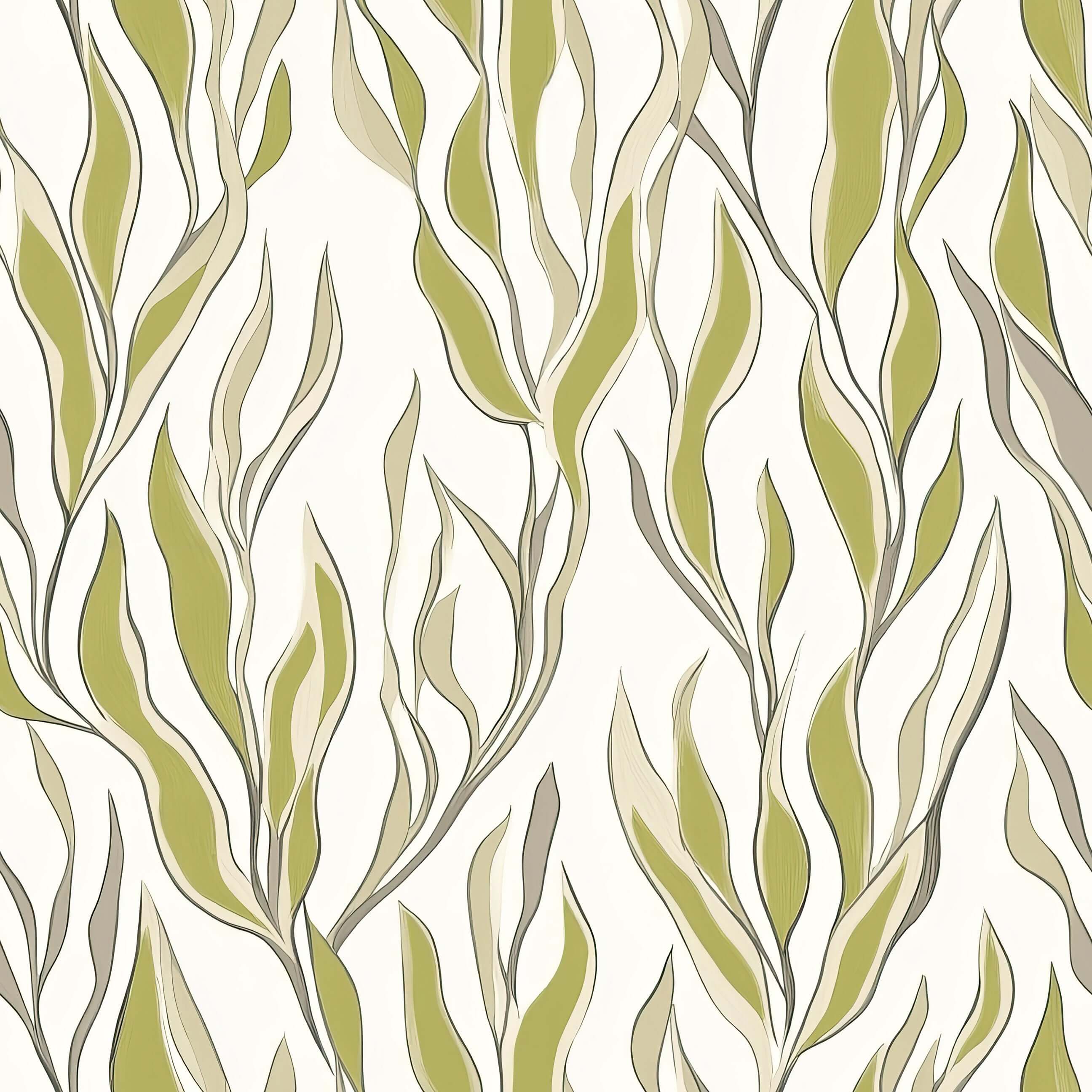 Seaweed Flow wallpaper with green and taupe leaf patterns for modern coastal home design and ocean-inspired decor.