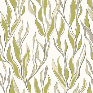 Seaweed Flow wallpaper with green and taupe leaf patterns for modern coastal home design and ocean-inspired decor.