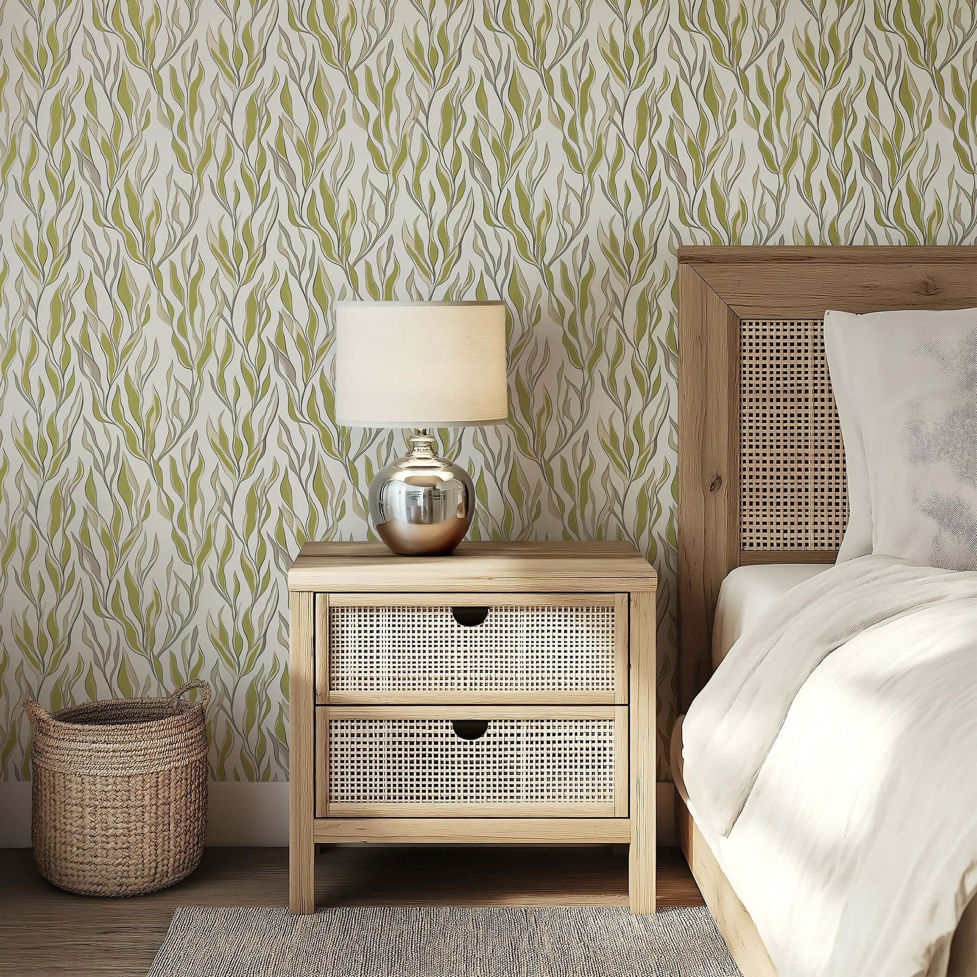 Seaweed Flow wallpaper in muted green and taupe adds coastal elegance to bedroom with wicker nightstand and modern lamp.