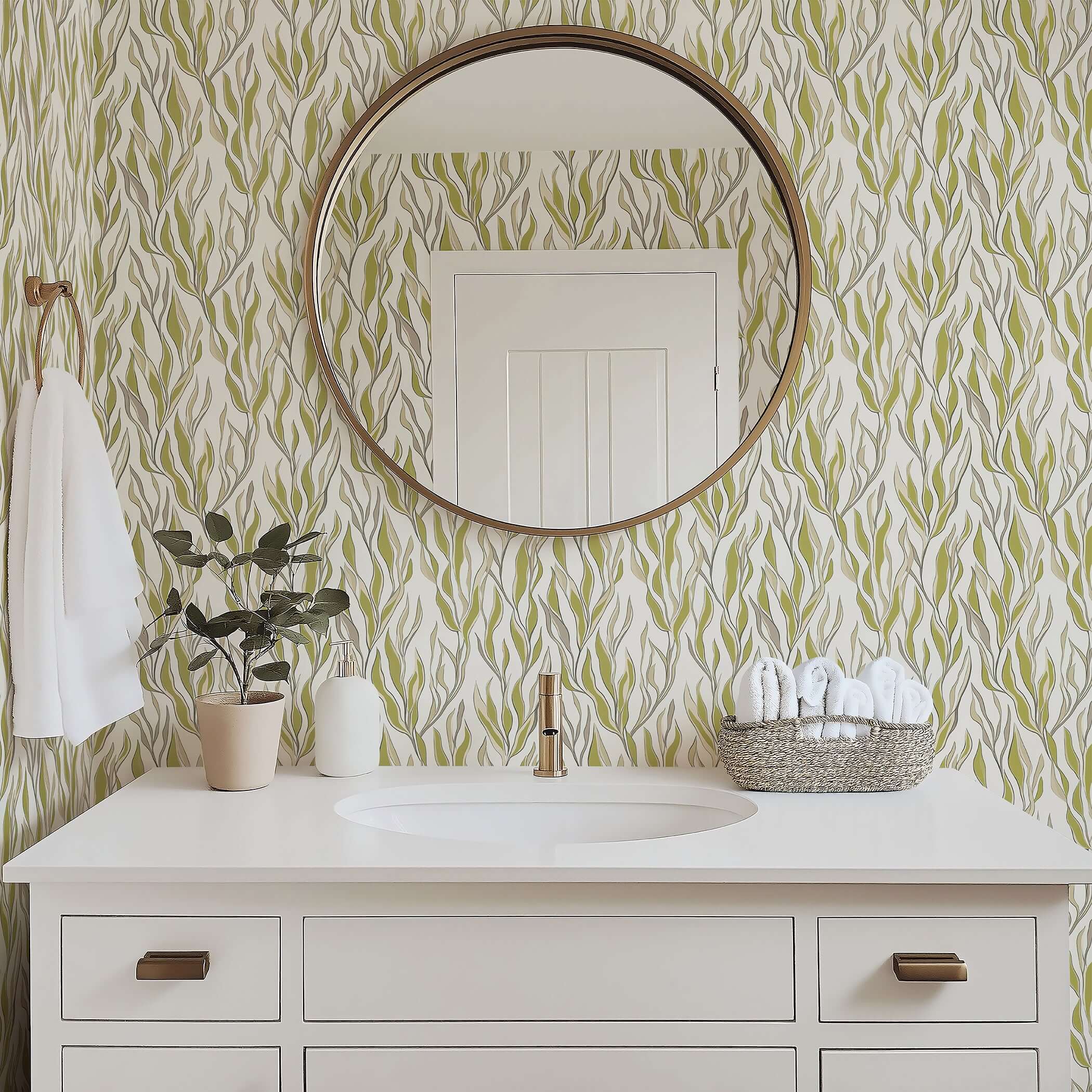Coastal bathroom featuring Seaweed Flow wallpaper with green and taupe seaweed design, enhancing the serene, modern ocean-inspired decor.