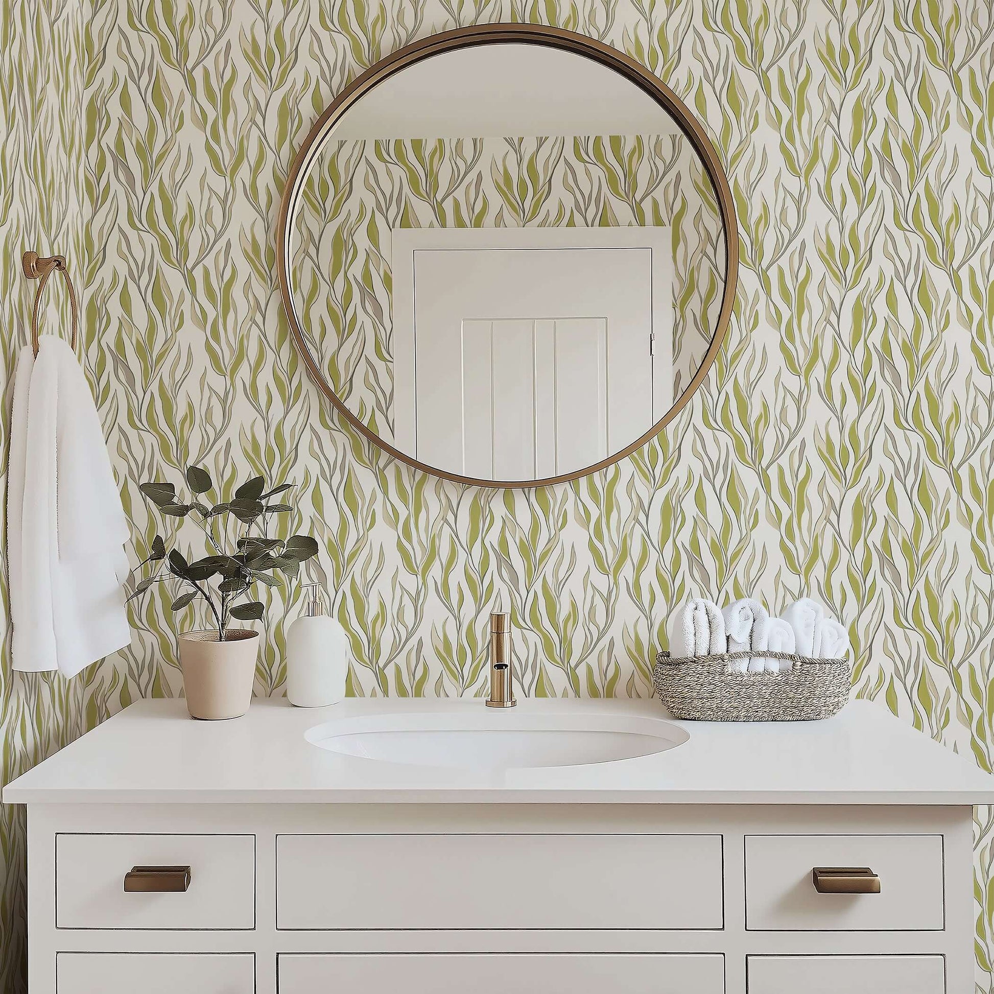 Coastal bathroom featuring Seaweed Flow wallpaper with green and taupe seaweed design, enhancing the serene, modern ocean-inspired decor.