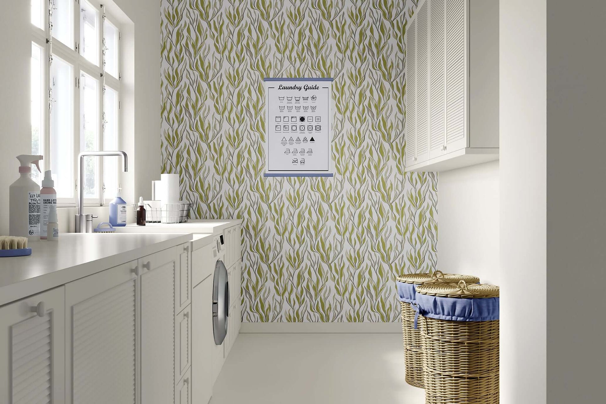Modern laundry room featuring Seaweed Flow wallpaper in green and taupe, enhancing coastal and ocean-inspired aesthetics.
