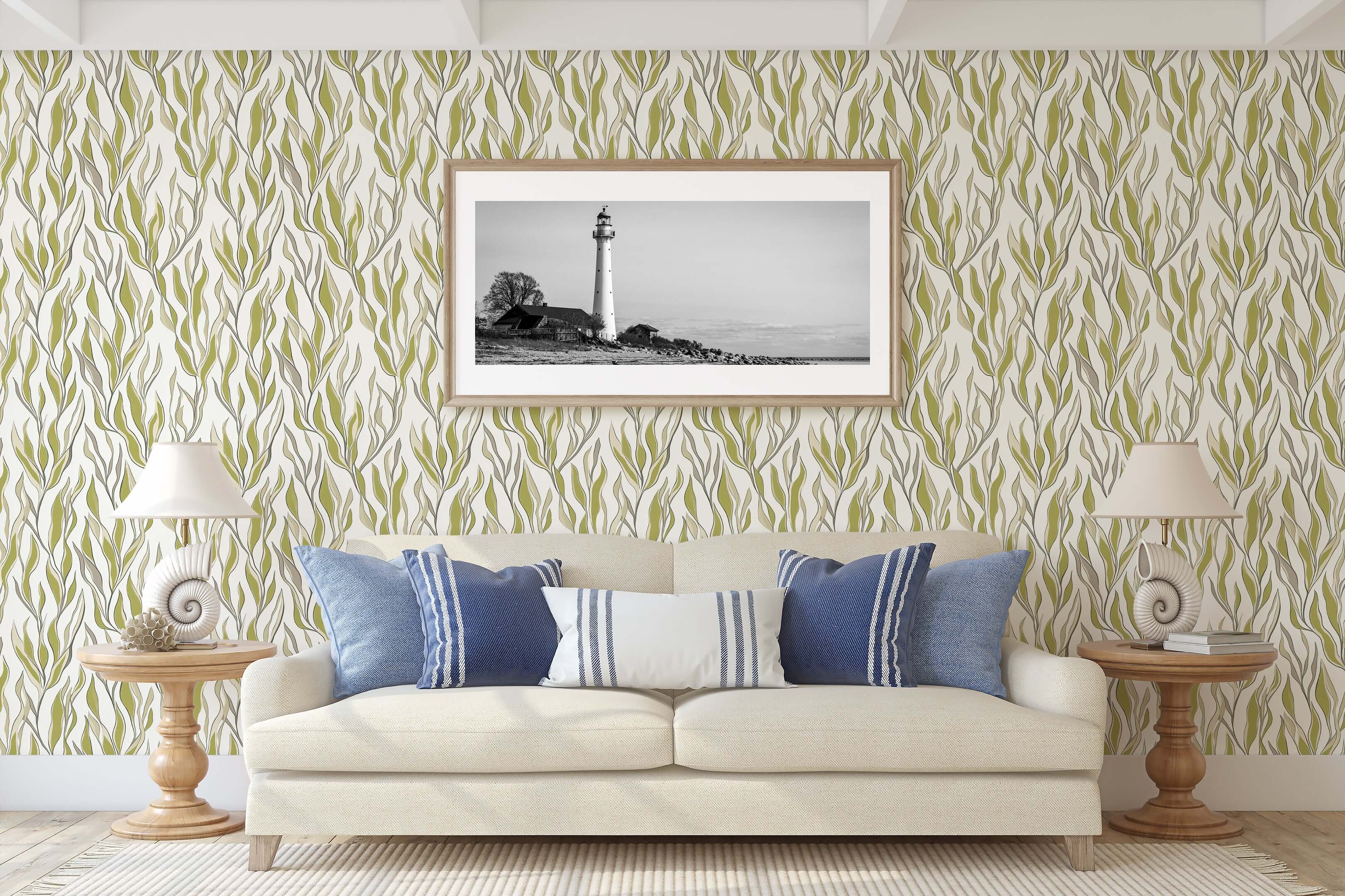 Modern coastal living room with "Seaweed Flow" wallpaper in green and taupe, enhancing ocean-inspired design with natural elegance.