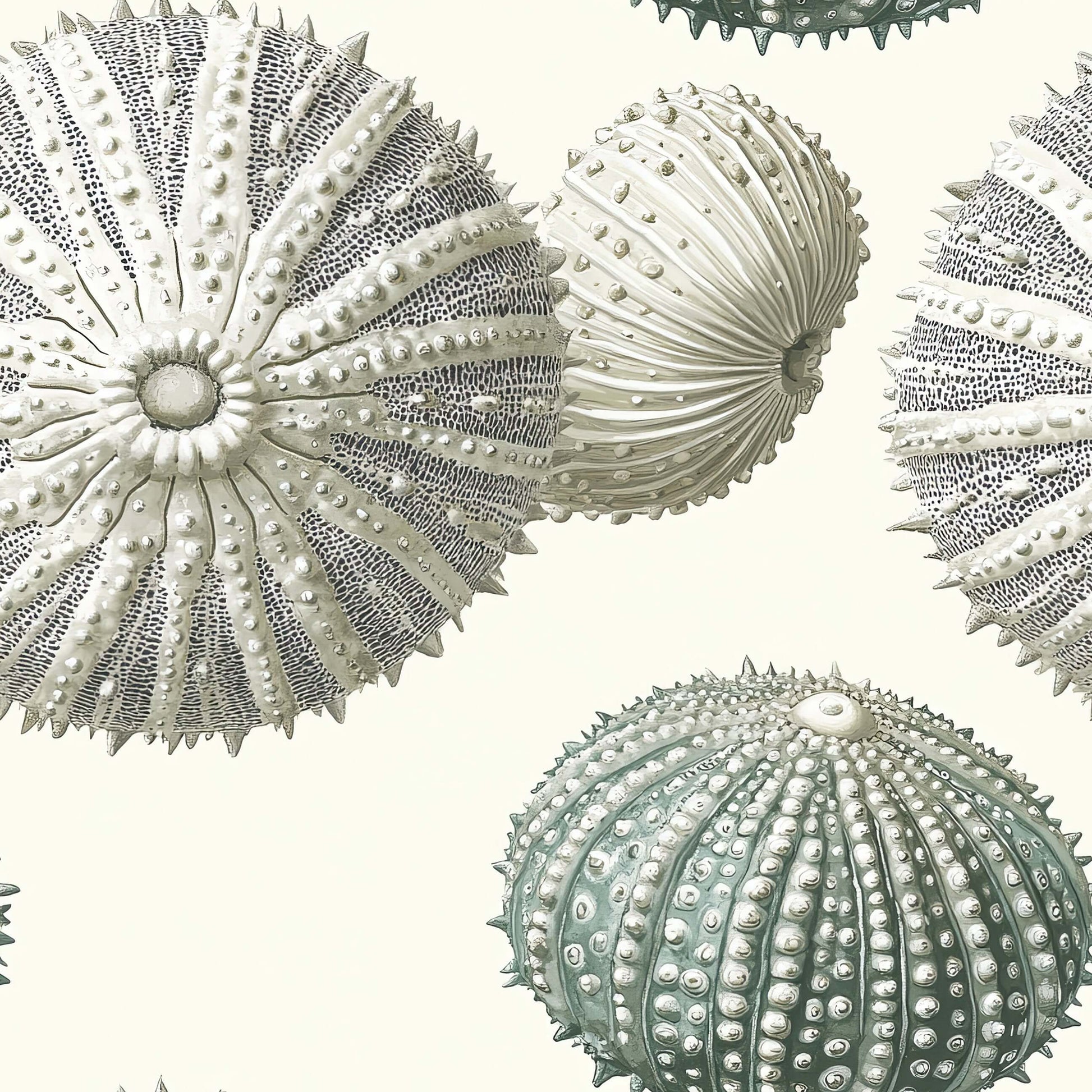 Nautical Luxe wallpaper featuring detailed sea urchin shell designs in coastal neutral and greenish tones for modern beach decor.