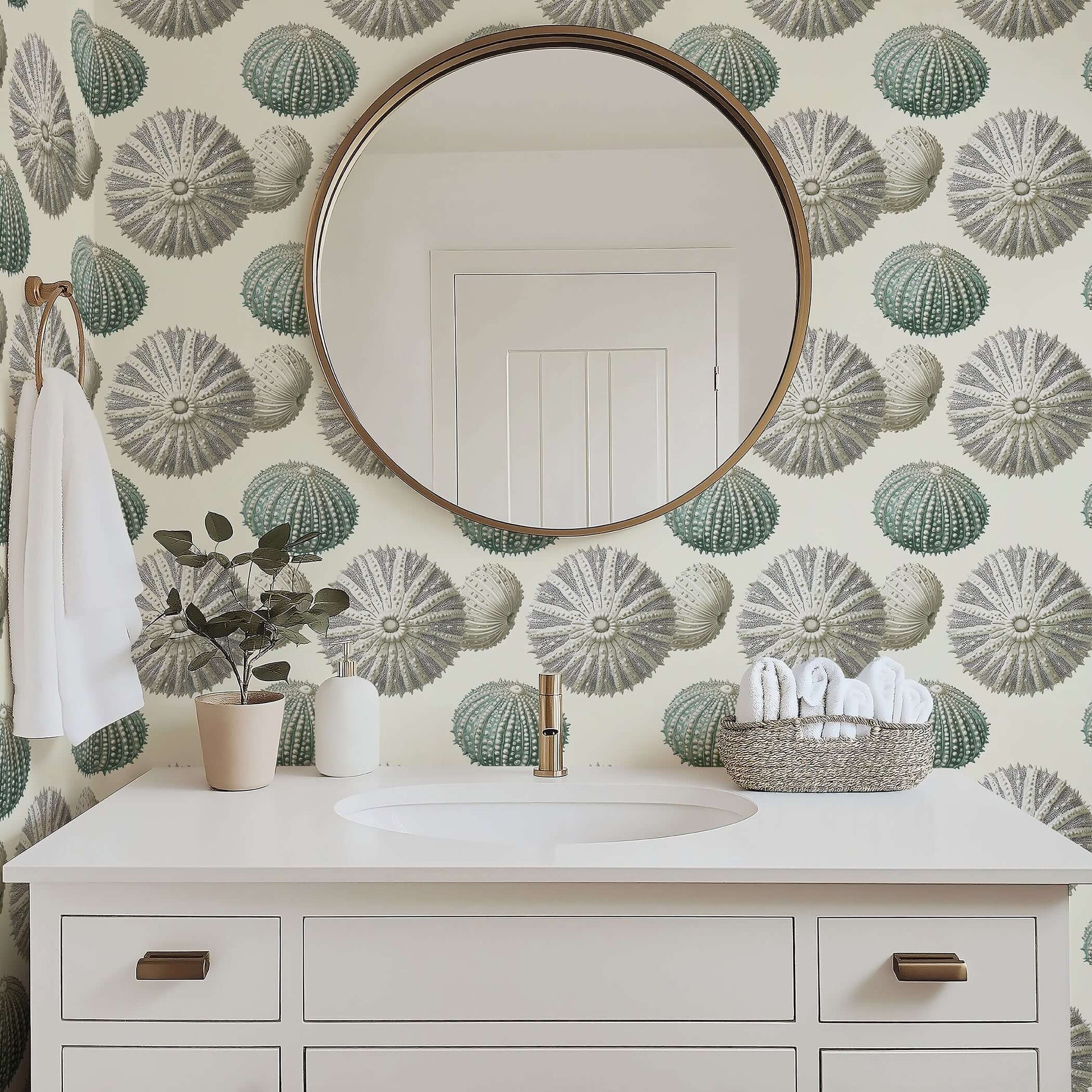 Bathroom featuring Nautical Luxe wallpaper with sea urchin design, blending beach-inspired modern coastal elegance in neutral tones.