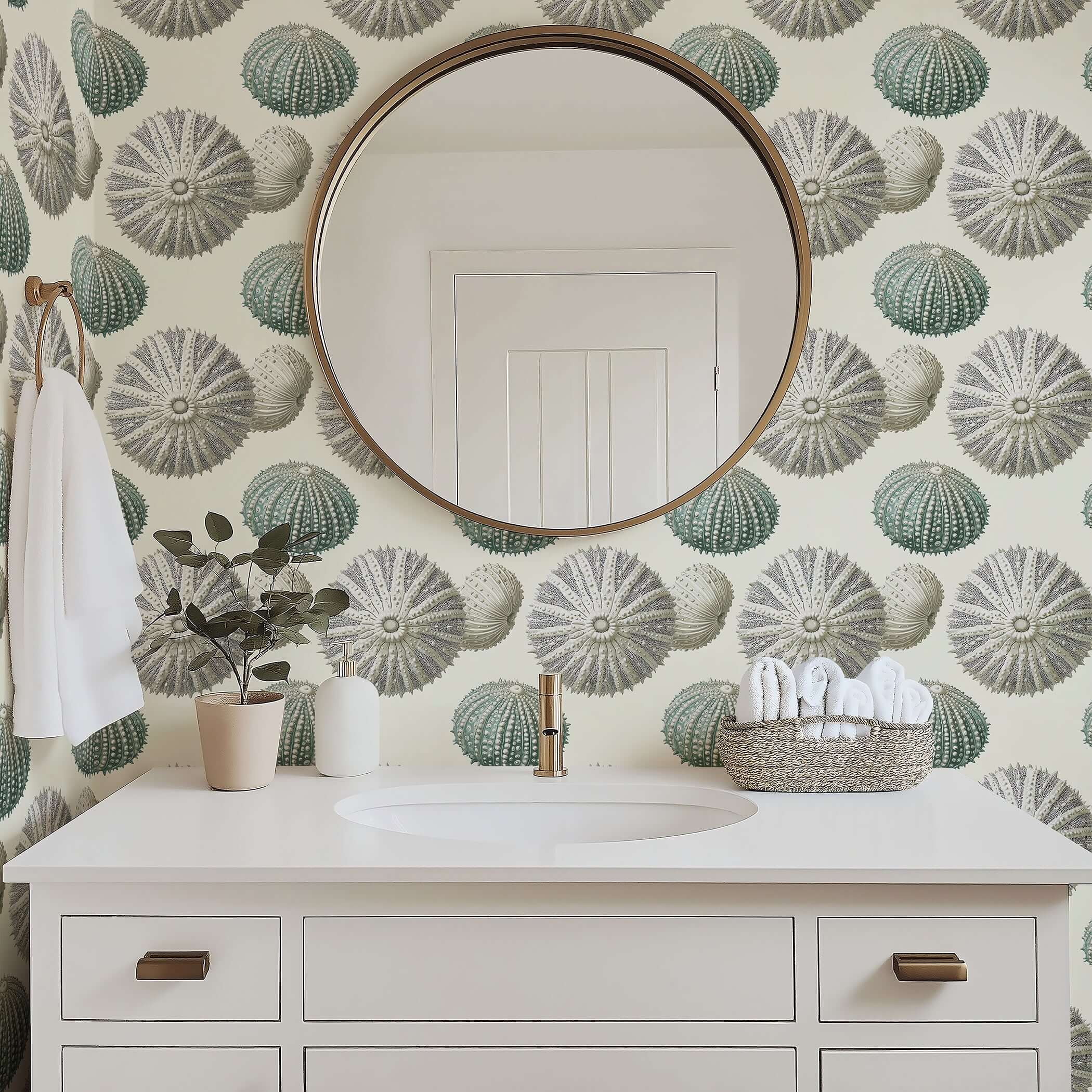 Bathroom featuring Nautical Luxe wallpaper with sea urchin design, blending beach-inspired modern coastal elegance in neutral tones.