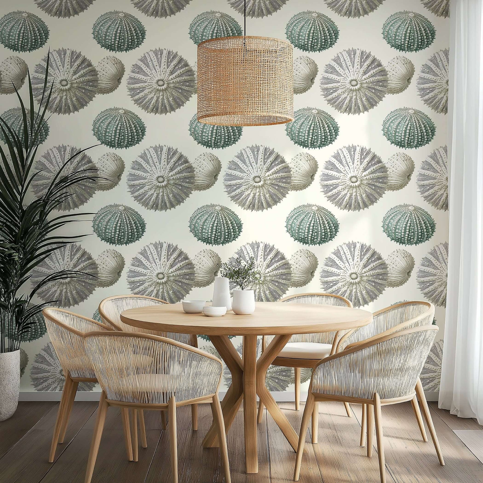 Dining area showcasing Nautical Luxe wallpaper with sea urchin design, embodying coastal elegance and modern style in soothing tones.