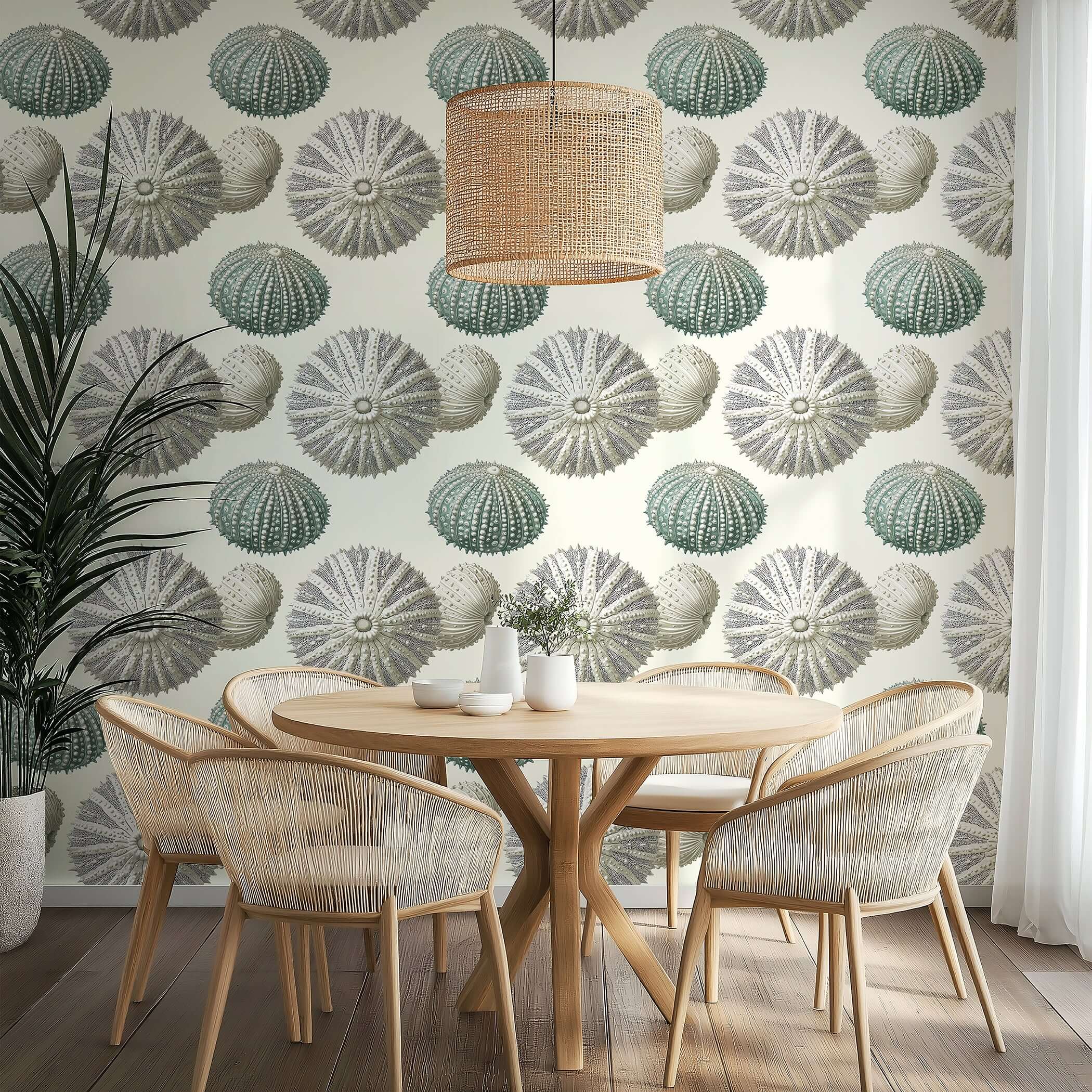 Dining area showcasing Nautical Luxe wallpaper with sea urchin design, embodying coastal elegance and modern style in soothing tones.