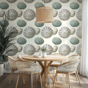 Dining area showcasing Nautical Luxe wallpaper with sea urchin design, embodying coastal elegance and modern style in soothing tones.