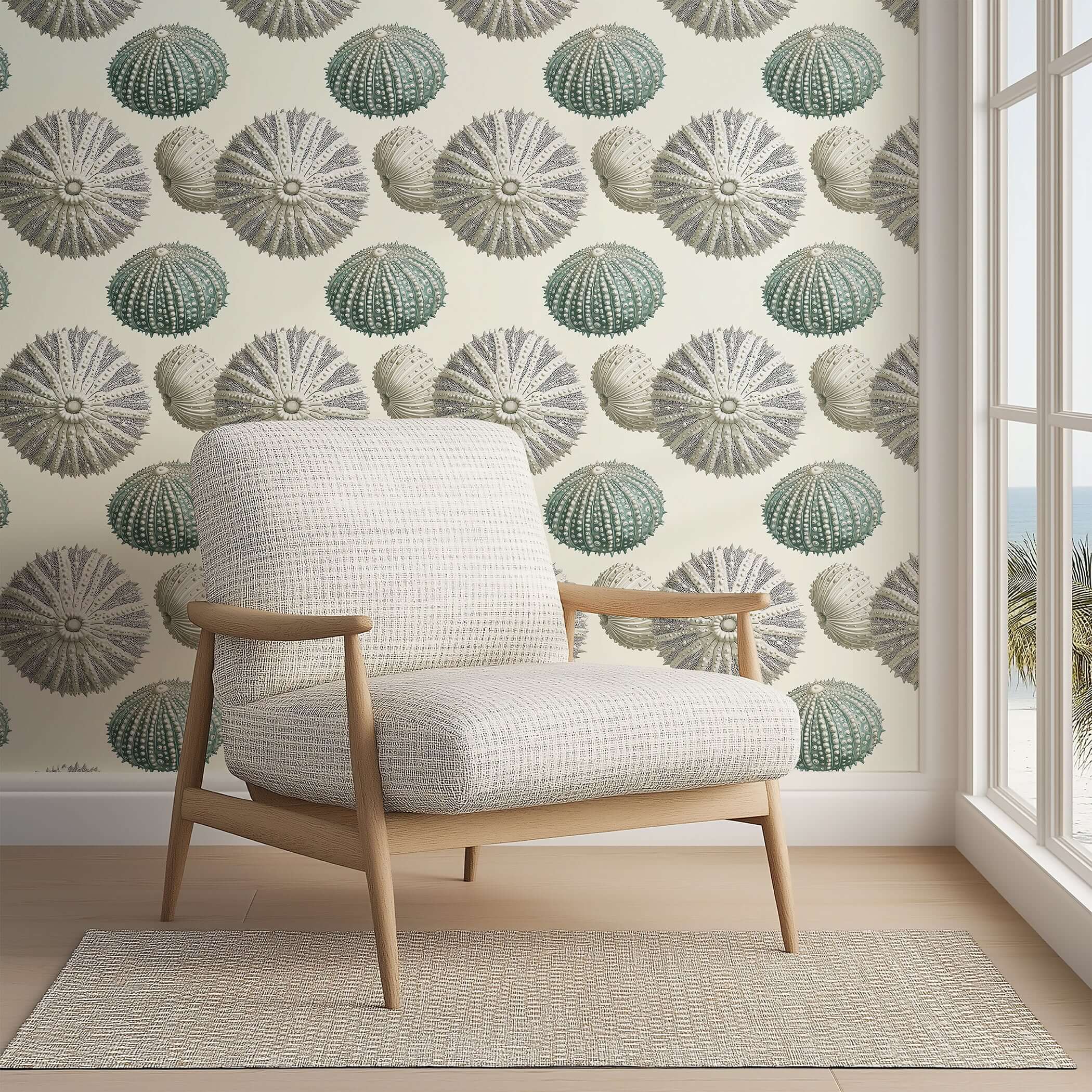 Modern living room with coastal wallpaper featuring elegant sea urchin designs and a stylish armchair, perfect for beach-inspired decor.