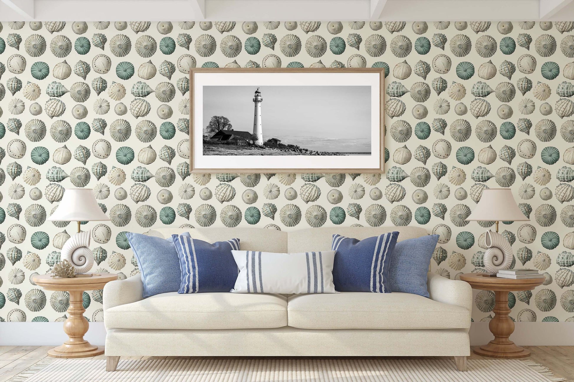 Elegant living room with Ocean Gems wallpaper featuring seashells, enhancing modern coastal design and beach-inspired decor.