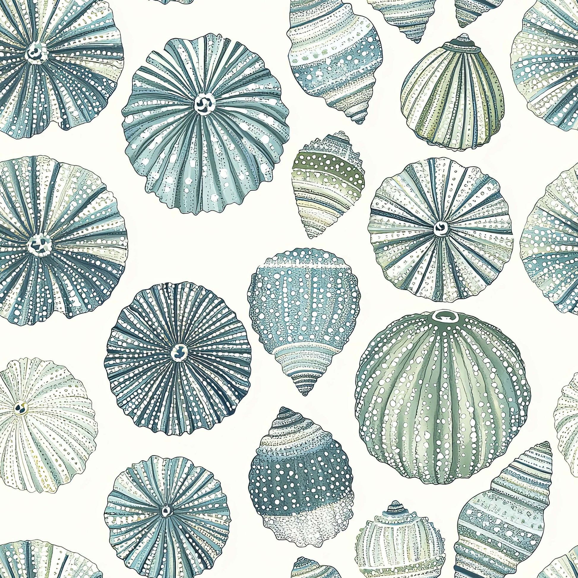 Aqua Treasures coastal wallpaper with sea urchins and seashells in aqua, jade, and blues. Modern beach design, coastal elegance.