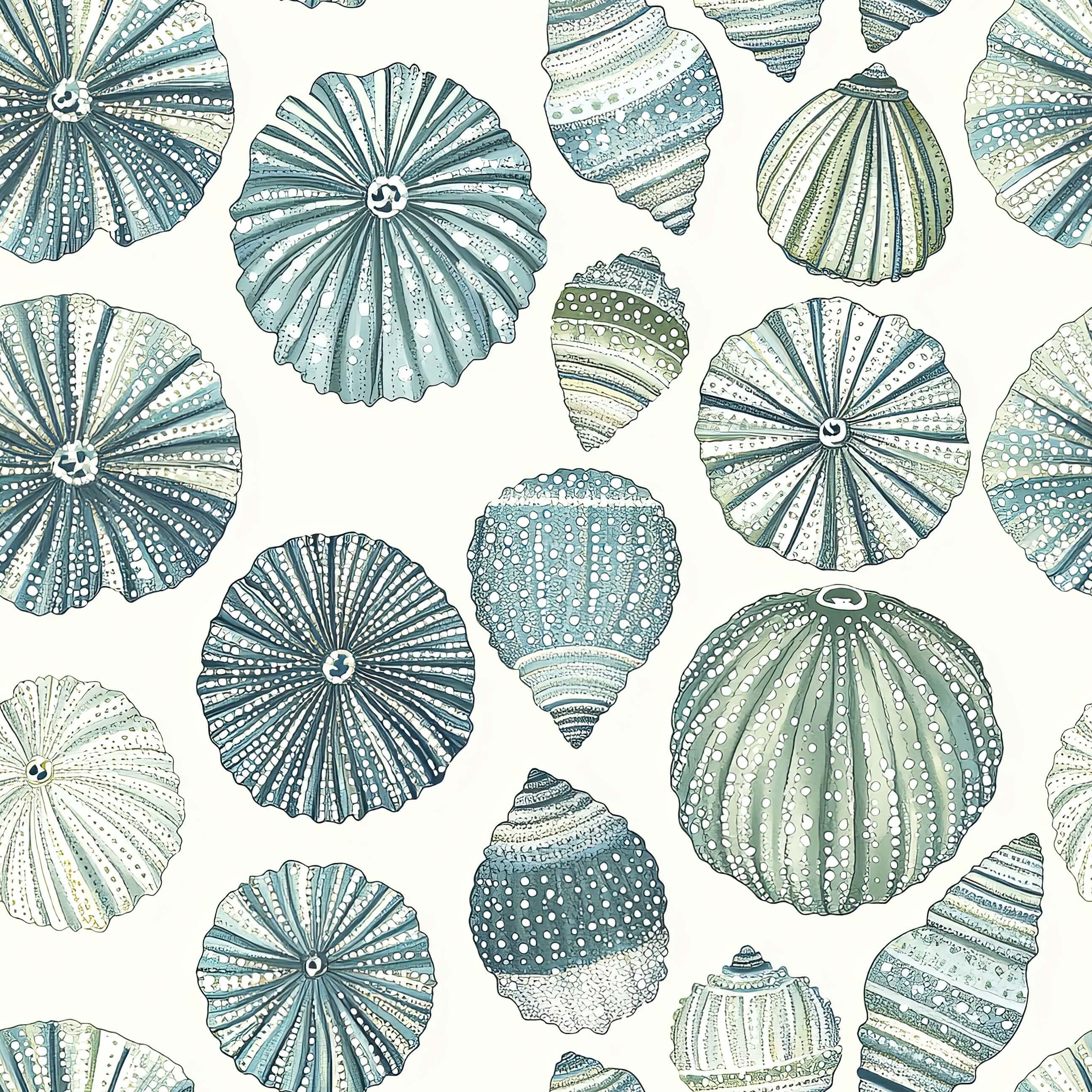 Aqua Treasures coastal wallpaper with sea urchins and seashells in aqua, jade, and blues. Modern beach design, coastal elegance.