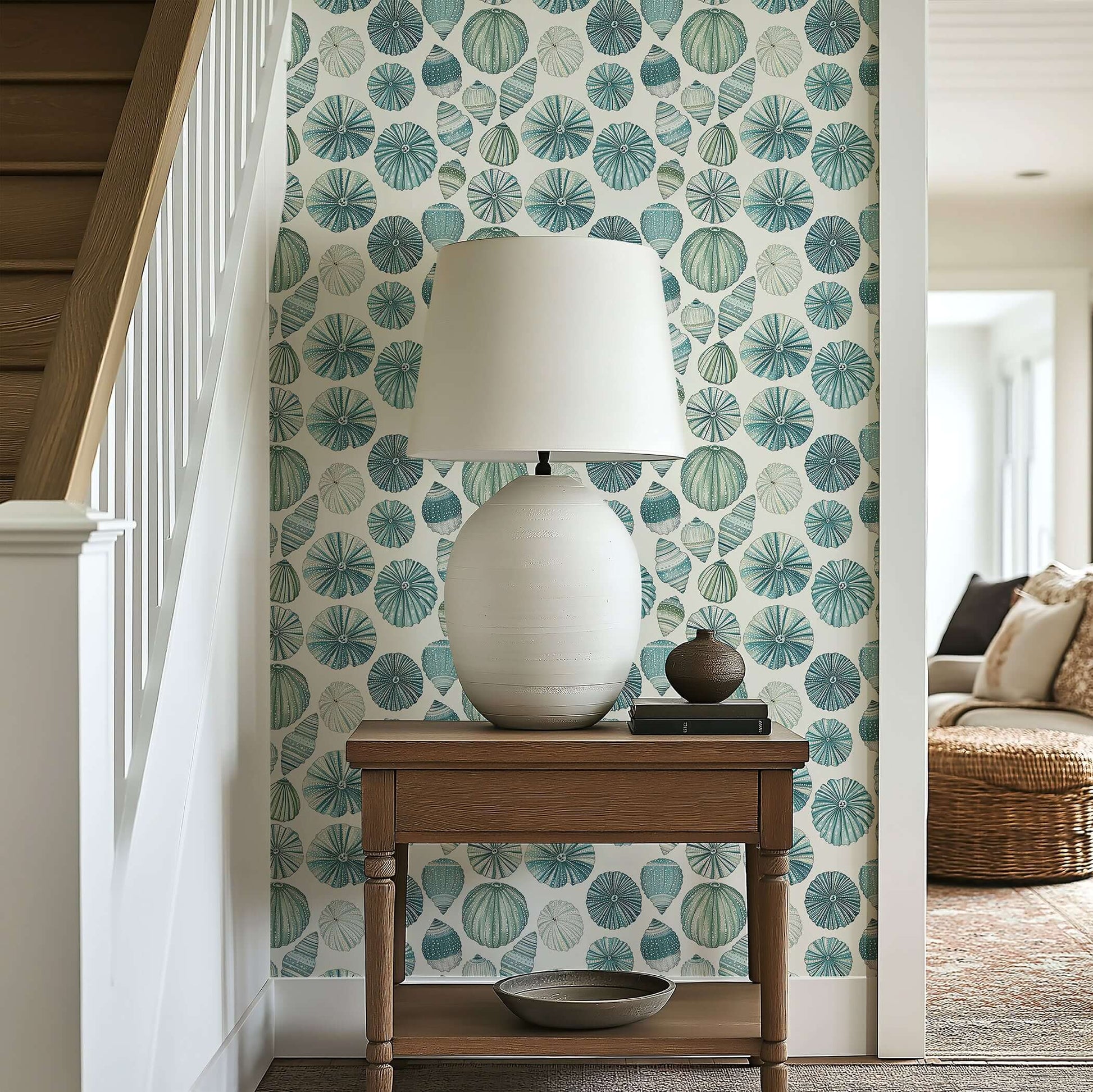 Coastal wallpaper with aqua seashells and urchins in a modern beach home setting, enhancing coastal charm and elegance.