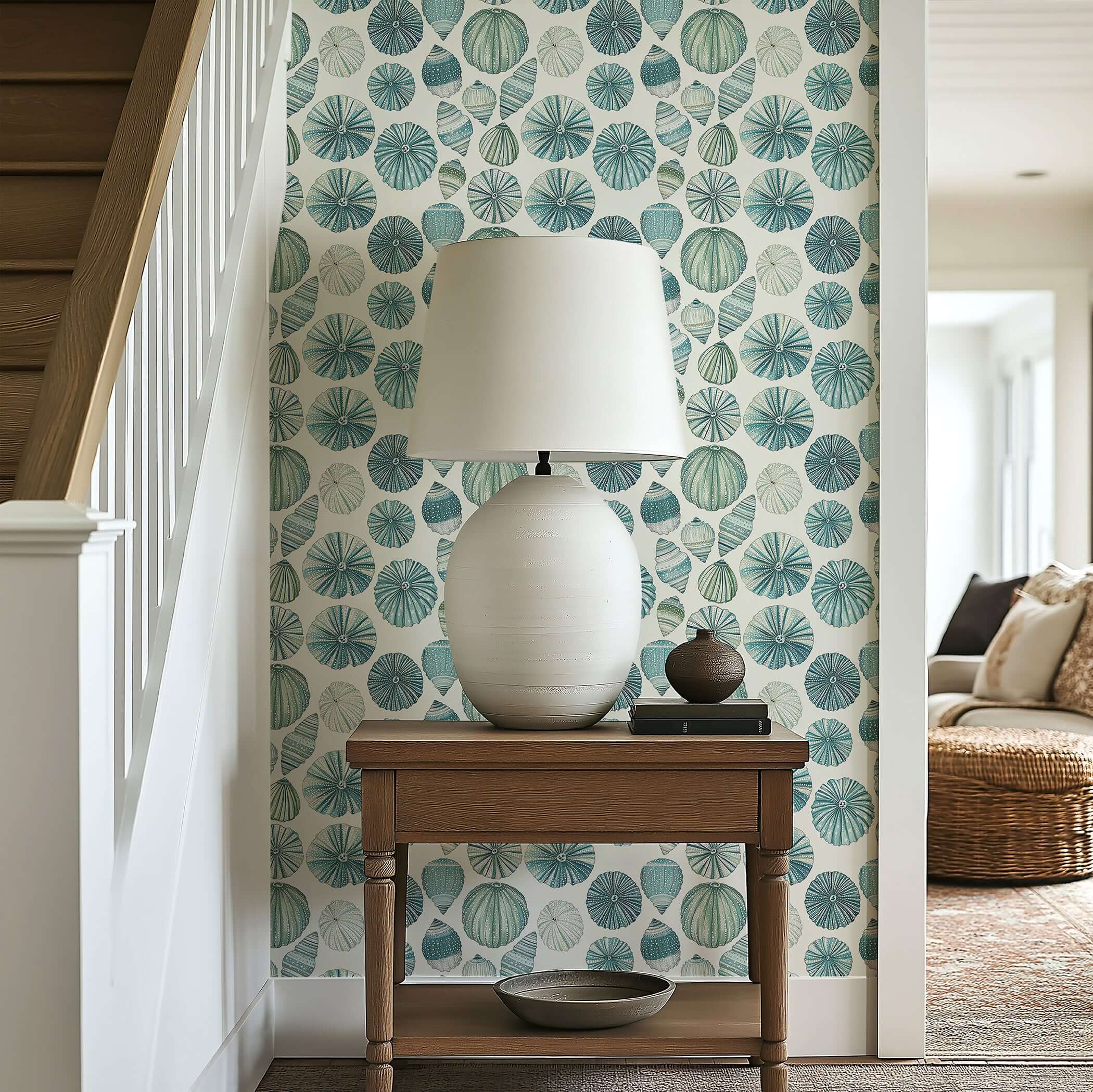 Coastal wallpaper with aqua seashells and urchins in a modern beach home setting, enhancing coastal charm and elegance.