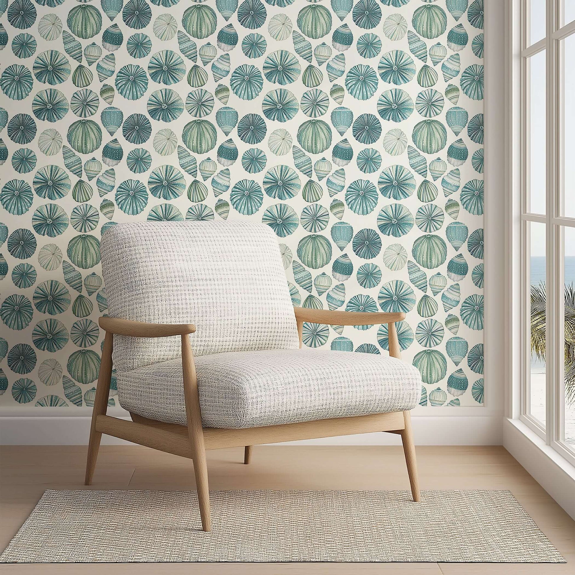 Elegant Aqua Treasures wallpaper with seashells, perfect for modern coastal design, featuring soothing aqua and ocean blue tones.