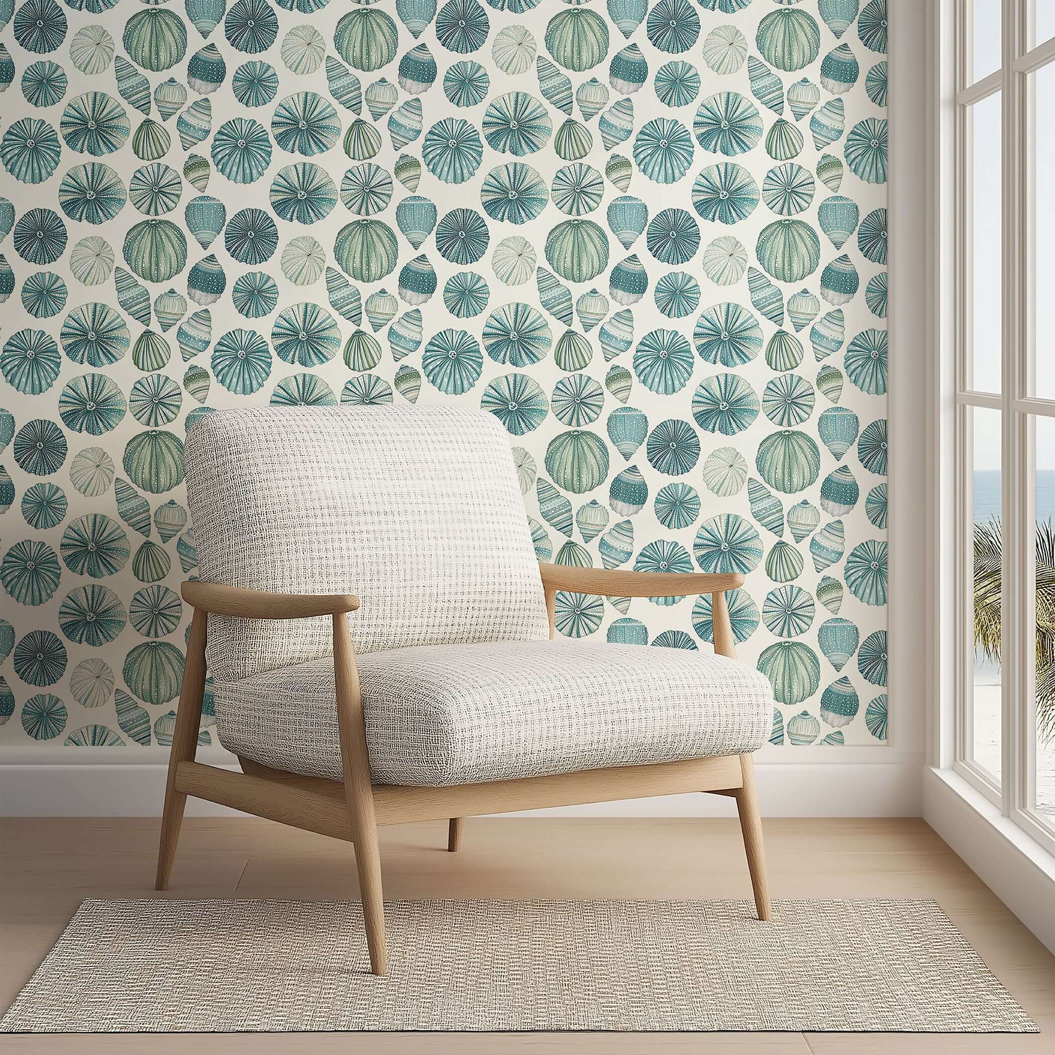 Elegant Aqua Treasures wallpaper with seashells, perfect for modern coastal design, featuring soothing aqua and ocean blue tones.