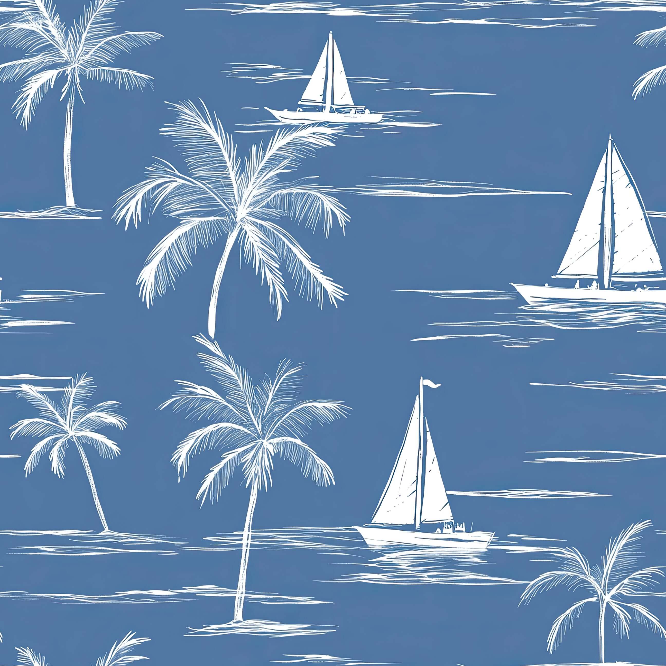 Sail and Palm Wallpaper - coastal design with hand-drawn sailboats and palm trees on a blue background, inspired by French toile style.
