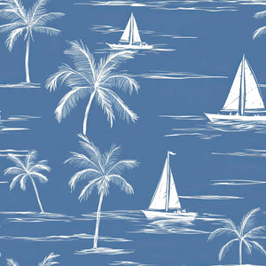 Sail and Palm Wallpaper - coastal design with hand-drawn sailboats and palm trees on a blue background, inspired by French toile style.