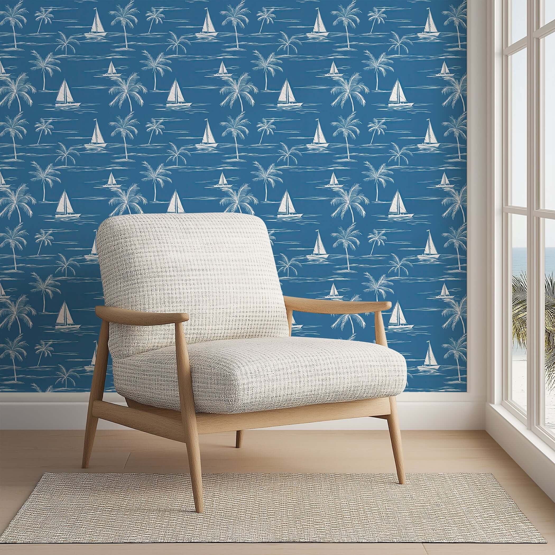 Coastal wallpaper with sailboats and palm trees on a blue background, capturing a French toile style, perfect for beach-themed decor.